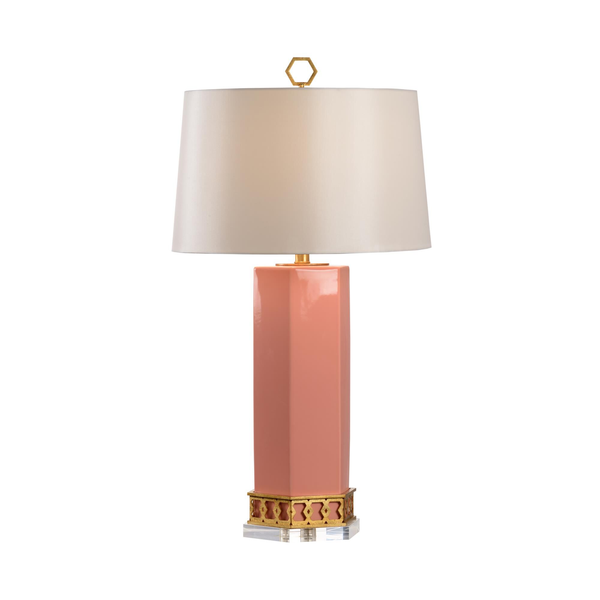 Shown in Coral/Antique Gold Leaf/Clear finish and Acrylic glass and Off White shade