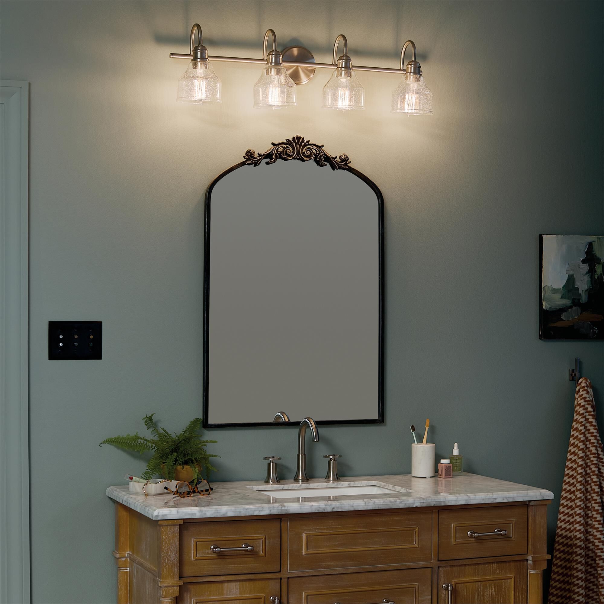 Shown in Brushed Nickel finish and Clear Seeded glass