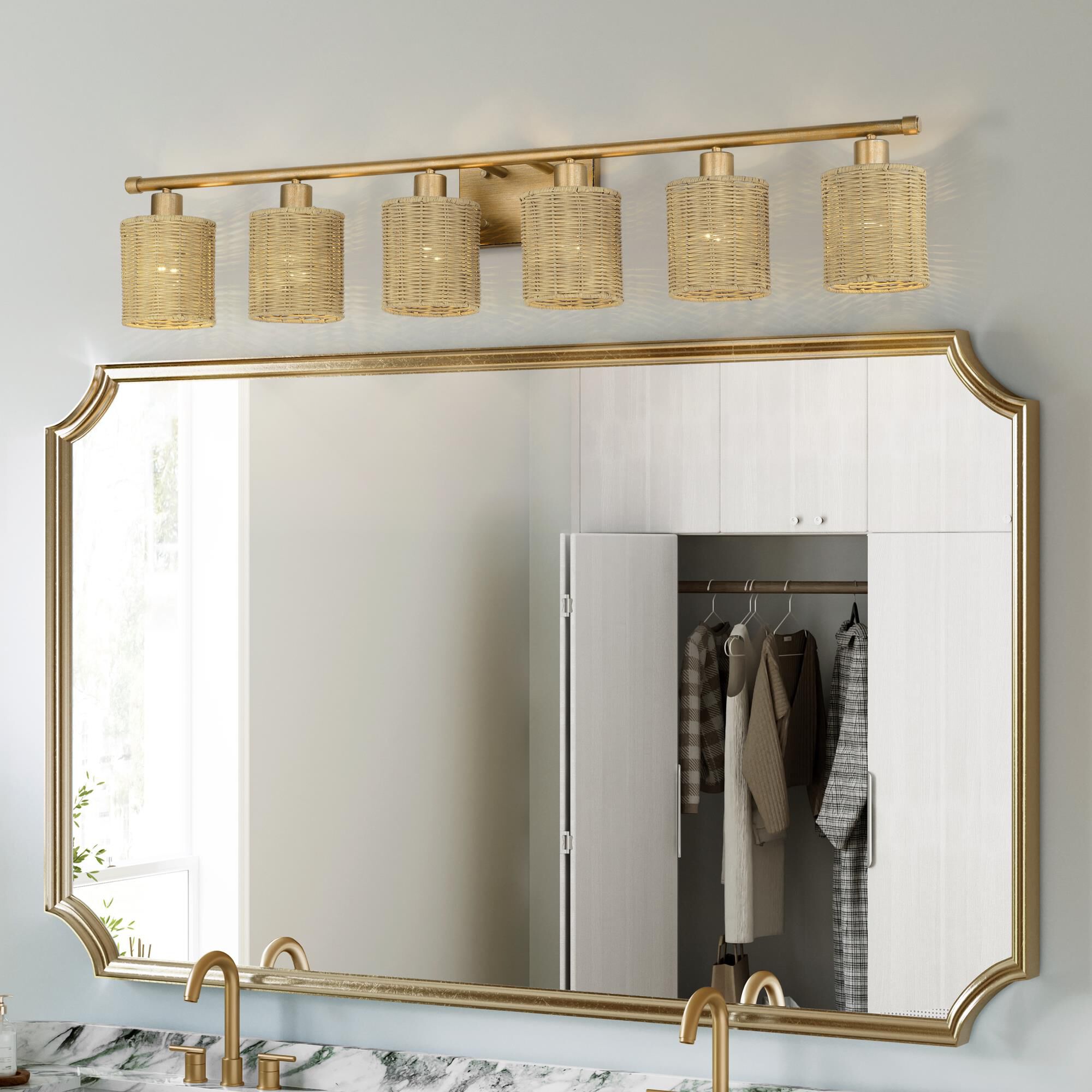 Shown in Antique Gold Leaf finish and Hand-Woven Rustic Walnut Color Rattan shade