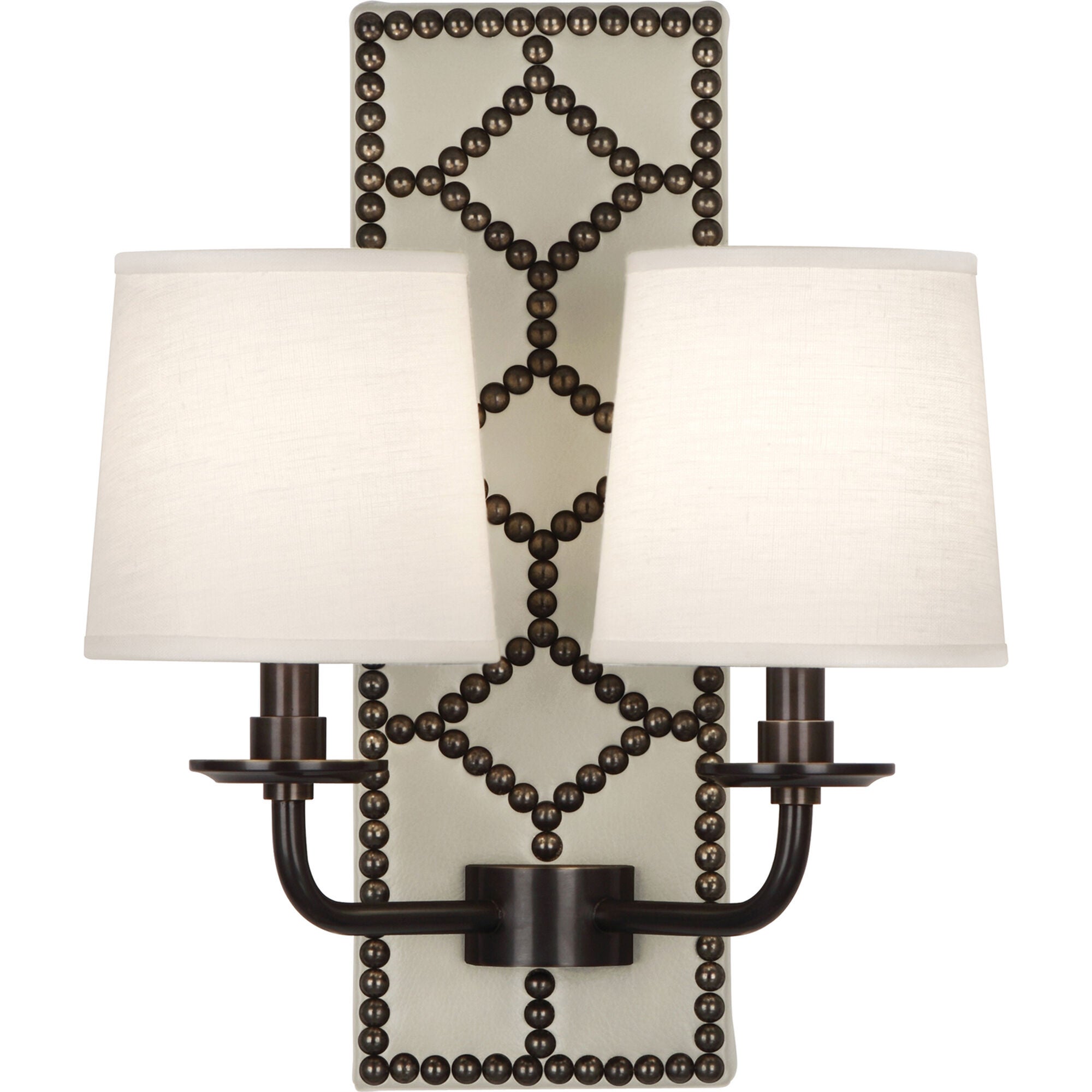 Shown in Upholstered Bruton White Leather And Deep Patina Bronze finish and Fondine Fabric shade