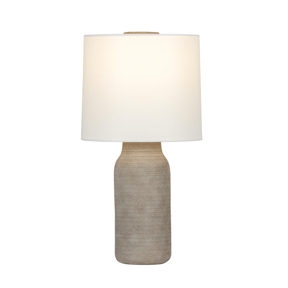 Shown in Aged Brass and Ceramic Stria Terra finish and White Linen shade