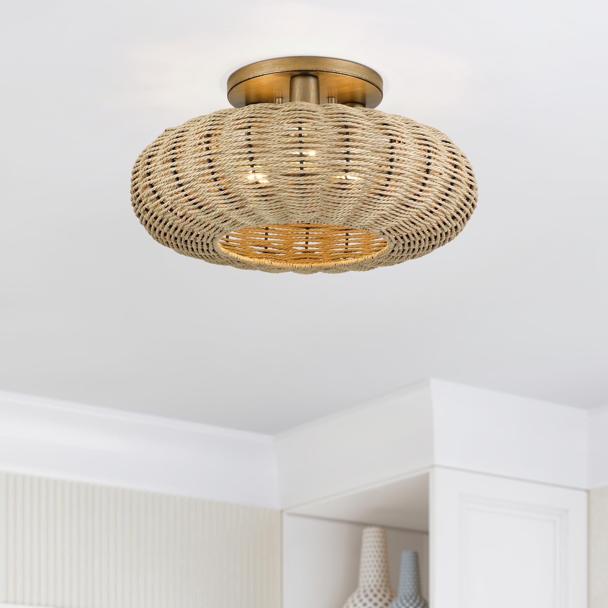 Shown in Antique Gold Leaf finish and Hand-Woven French Beige Paper Rope shade
