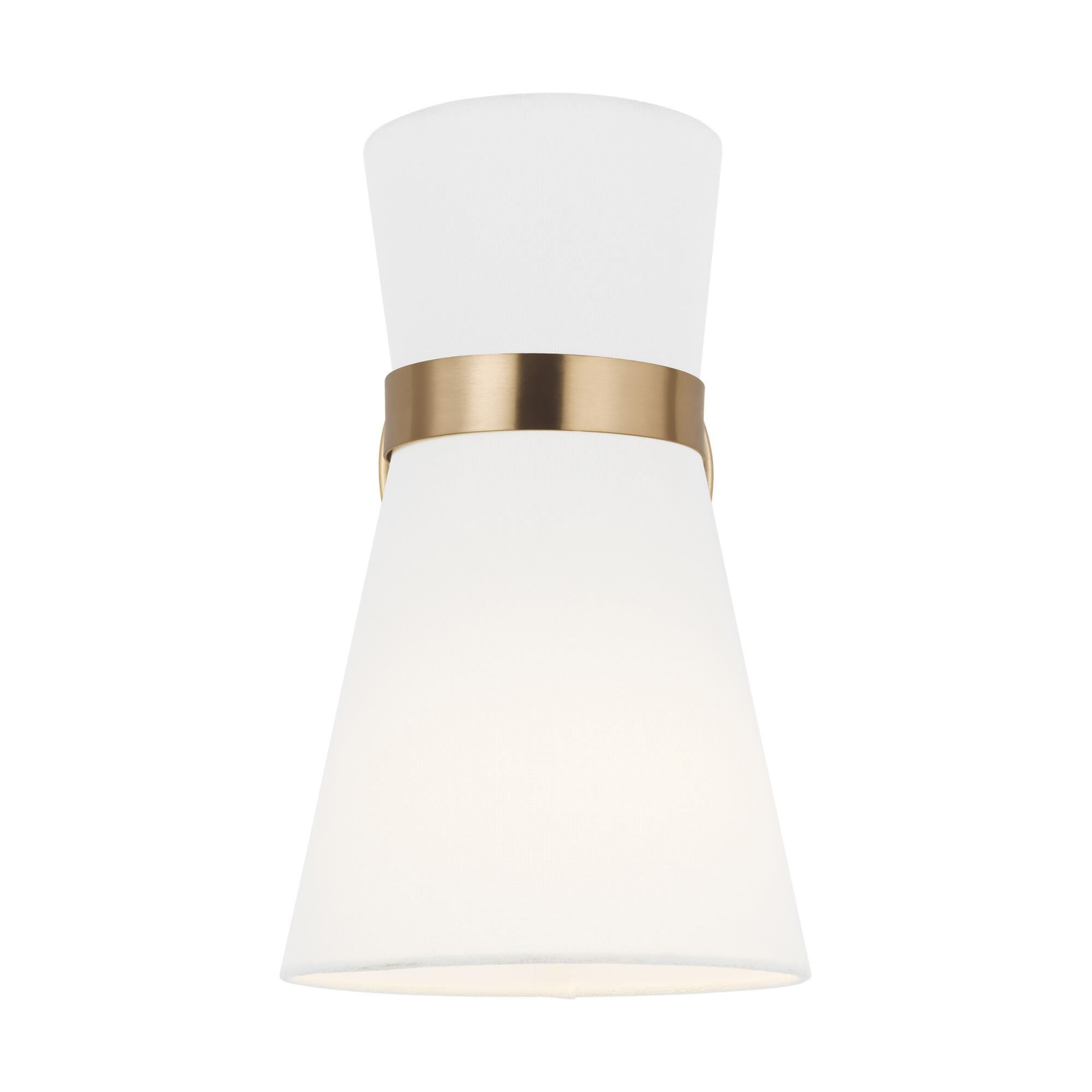 Shown in Satin Brass finish and White Linen glass and White Linen shade