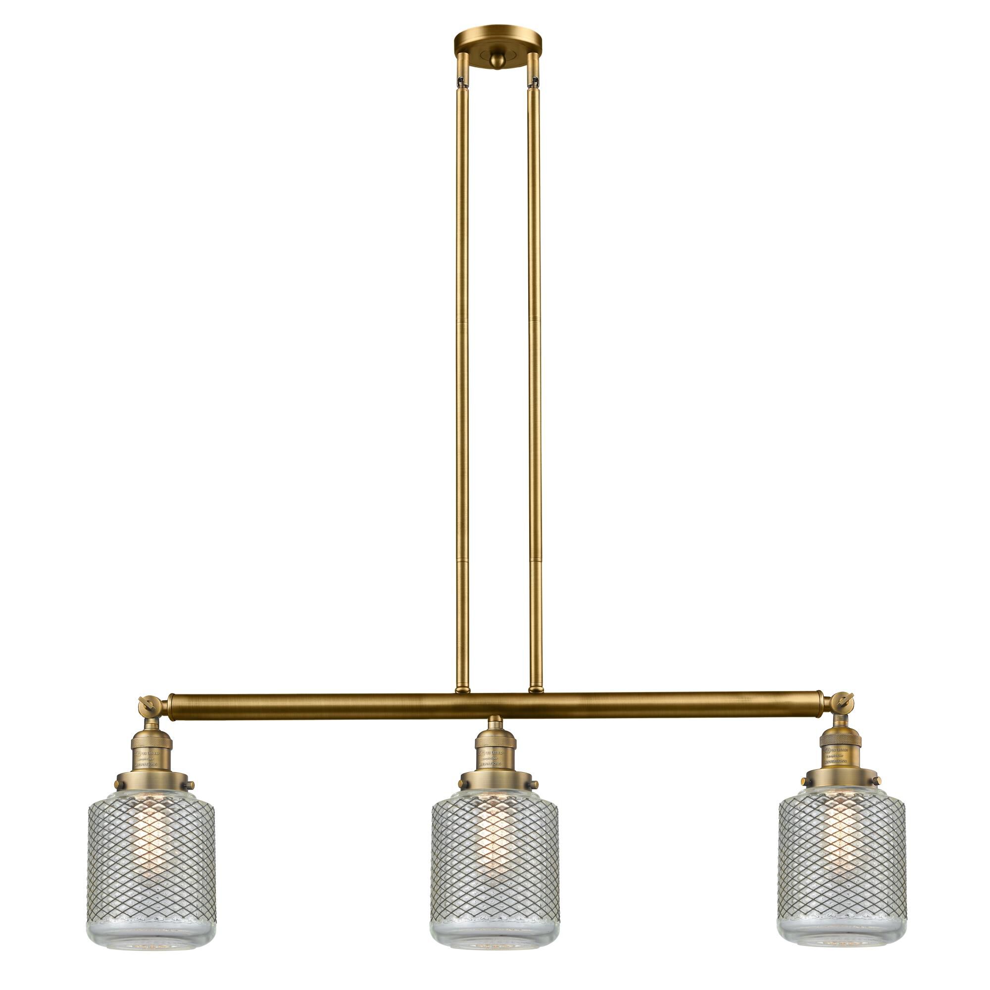 Shown in Brushed Brass finish and Vintage Wire Mesh Stanton glass