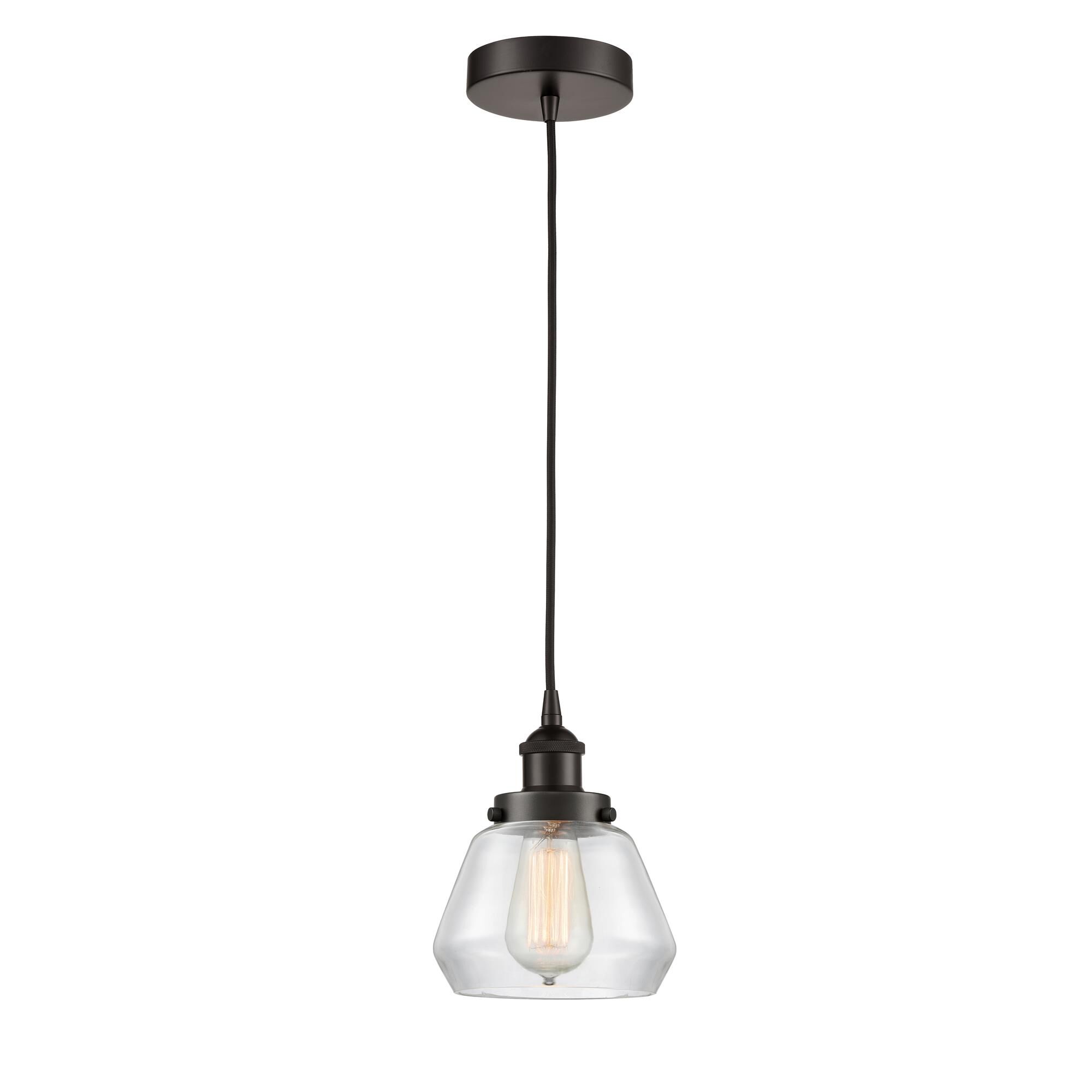 Shown in Oil Rubbed Bronze finish and Clear Fulton glass