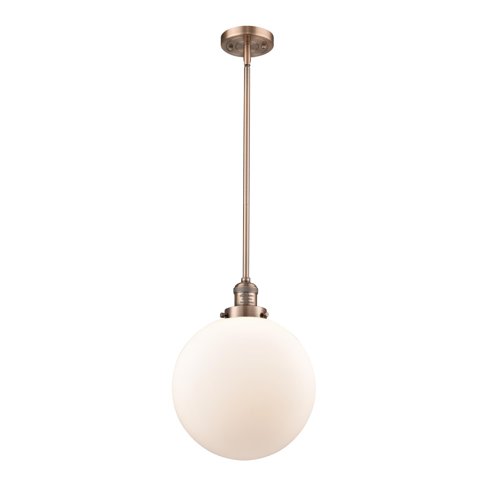 Shown in Antique Copper finish and Matte White Cased Beacon glass
