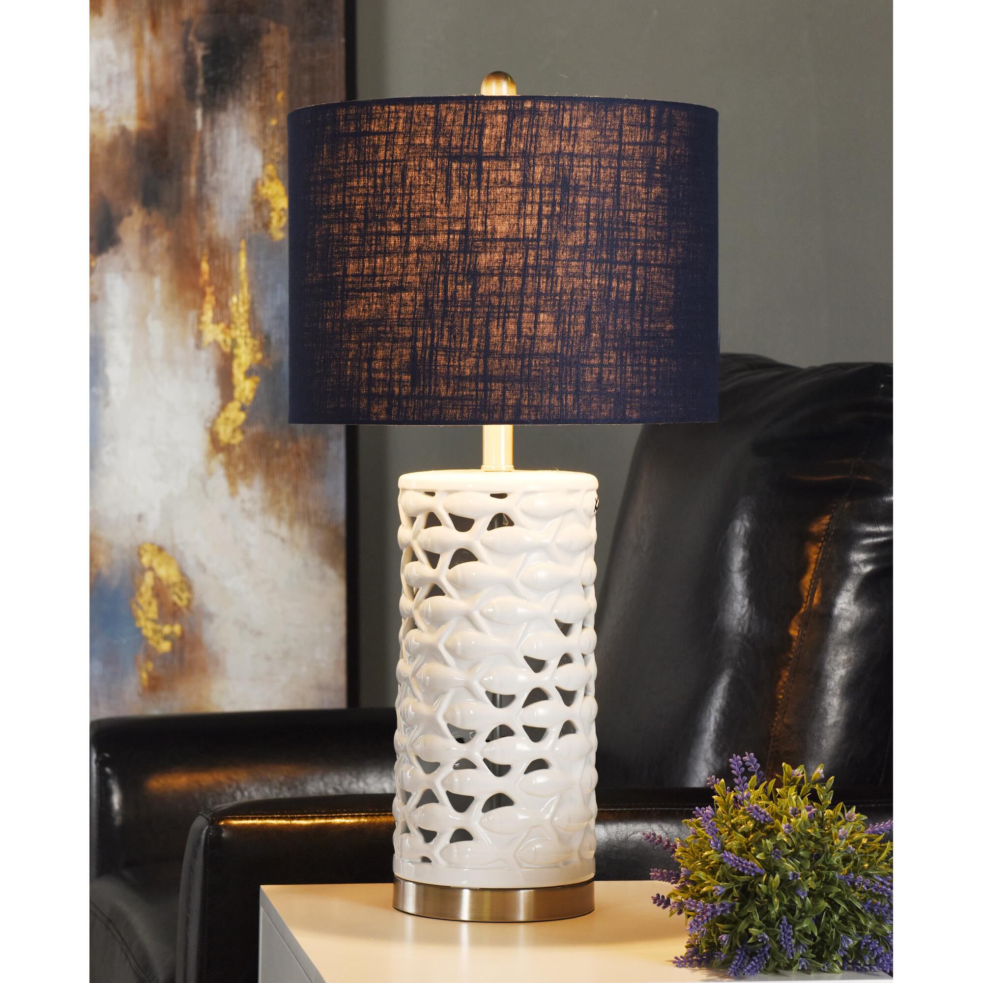 Shown in White, Silver, Sand finish and Navy Blue Hardback Fabric shade