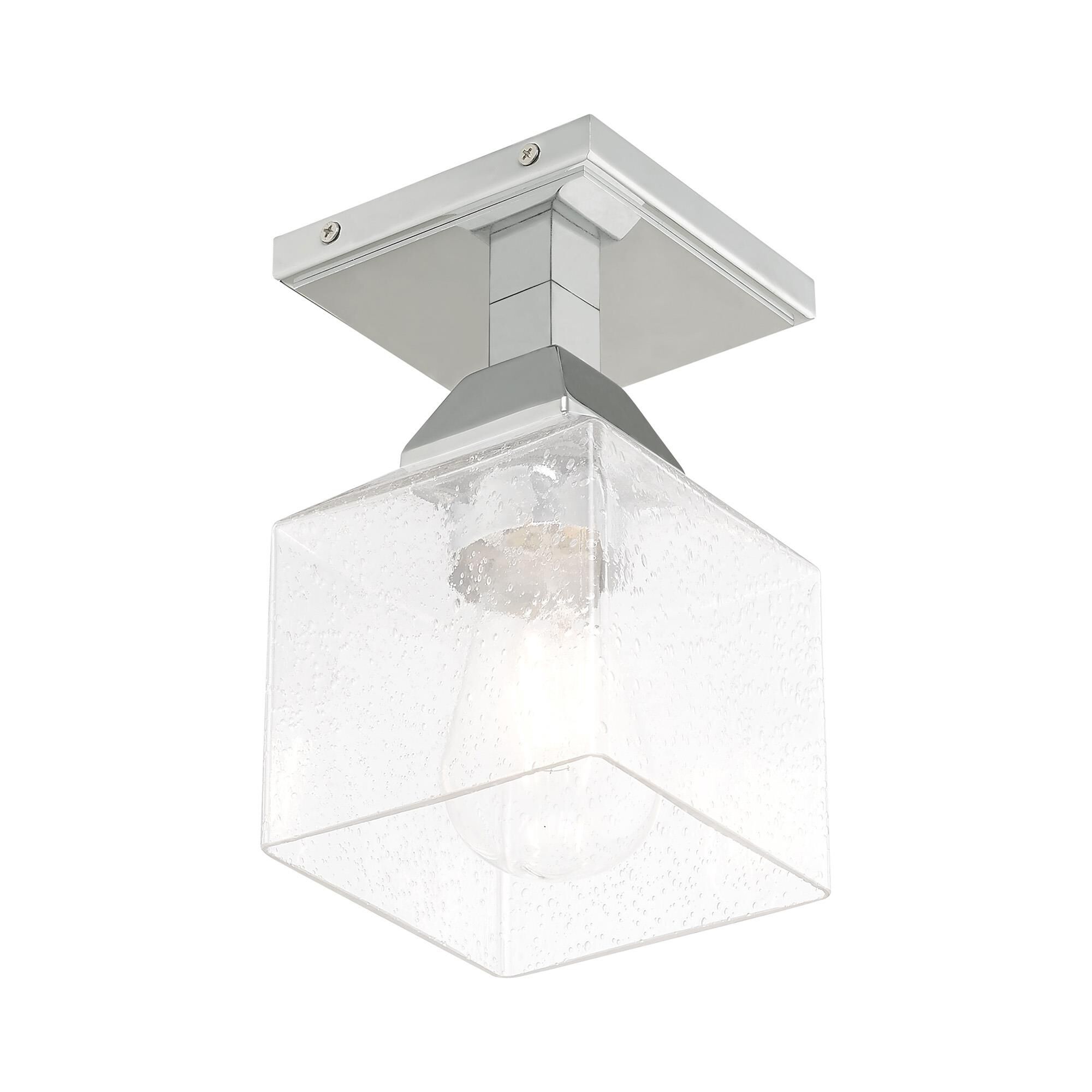 Shown in Polished Chrome finish and Hand Blown Clear Seeded glass