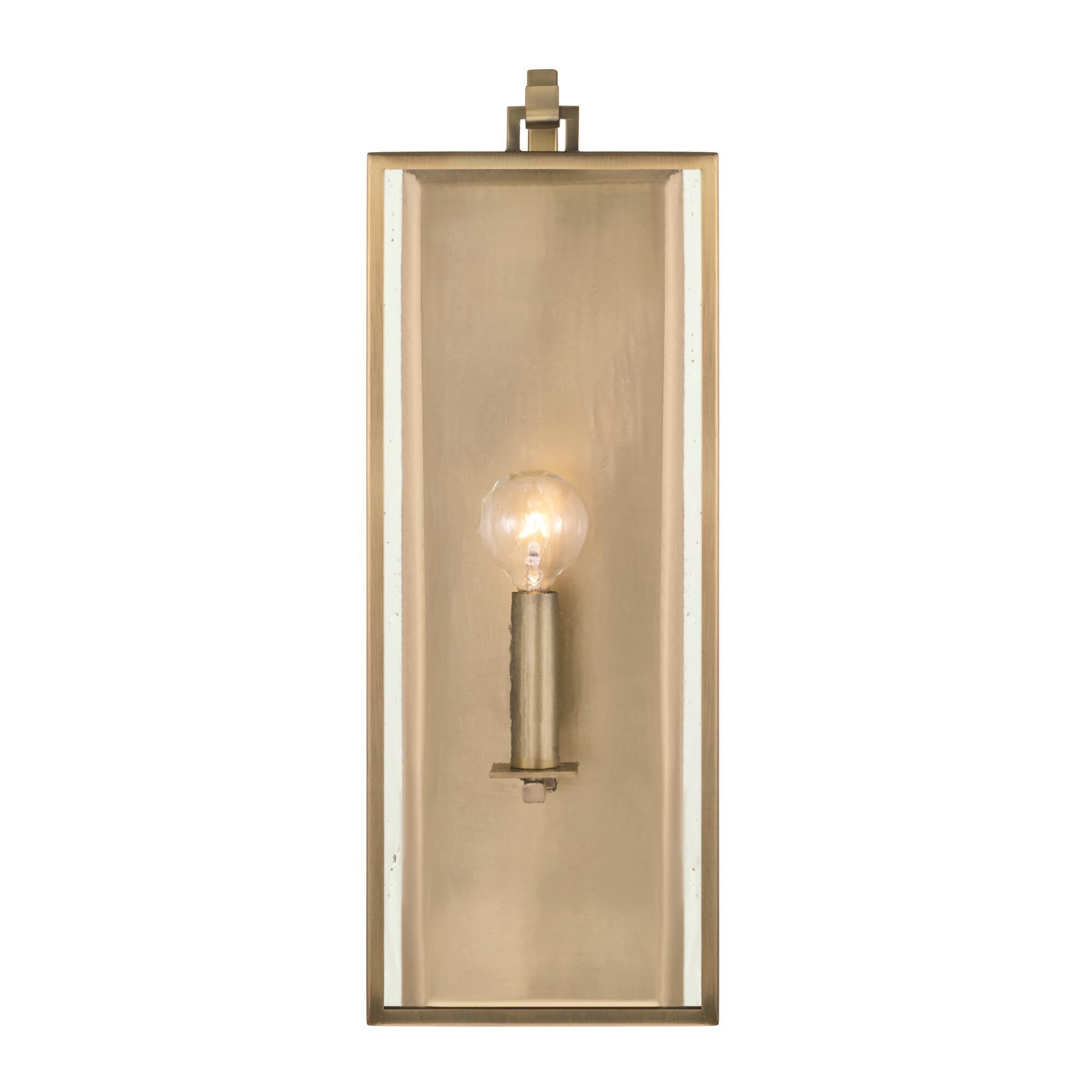 Shown in Aged Brass finish and Antiqued Rain glass