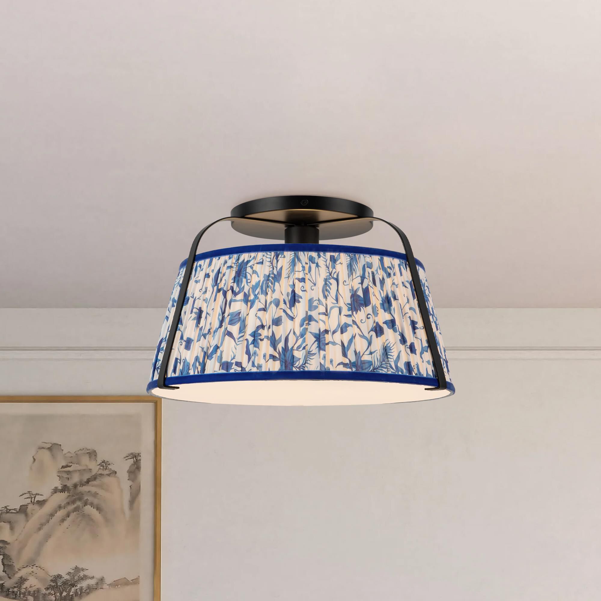 Shown in Matte Black finish and Frosted Polycarbonate Diffuser glass and Blue Linen shade