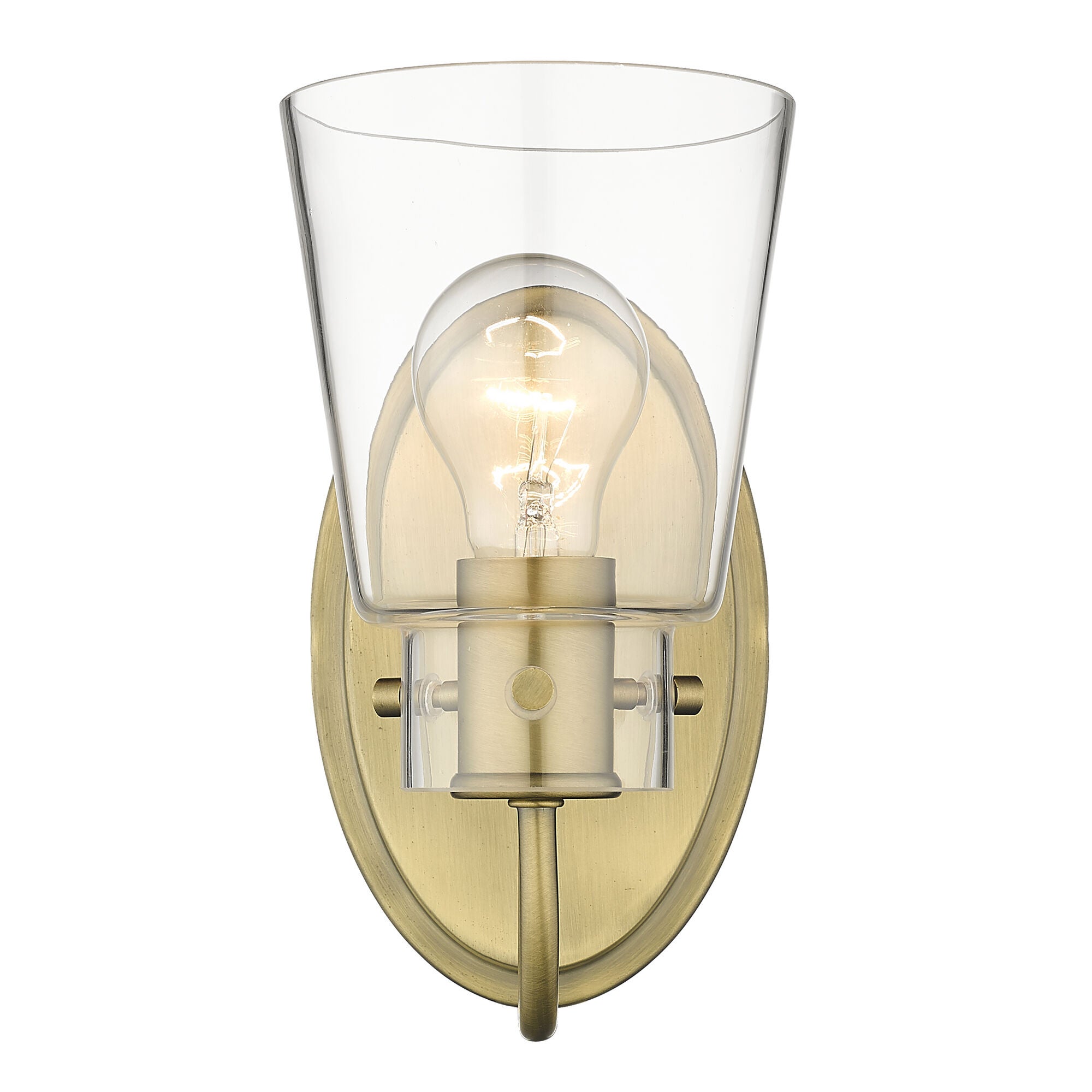 Shown in Antique Brass finish and Clear Glass shade
