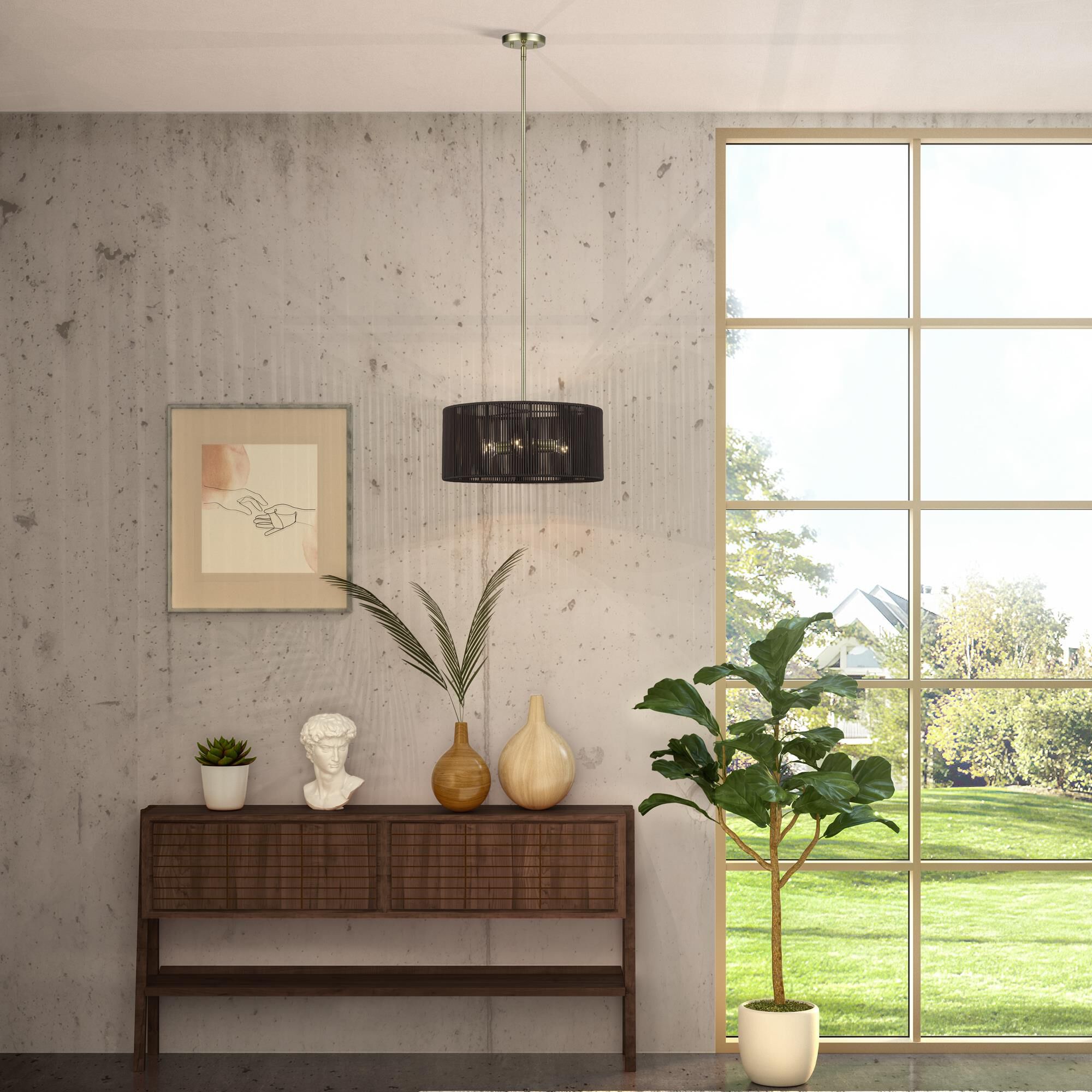 Shown in Antique Brass finish and Hand-Woven Dark Chocolate Color Polyester Rope shade