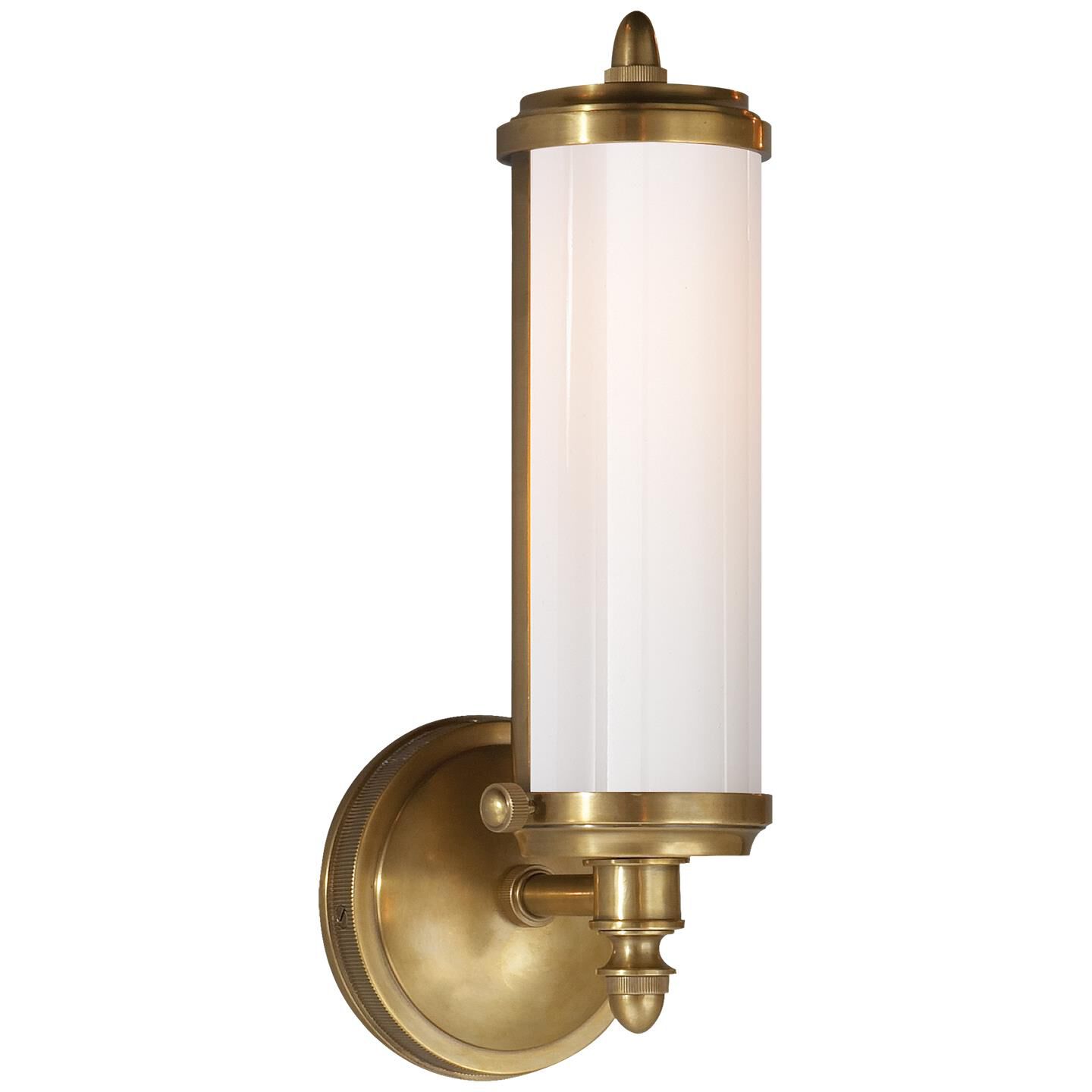 Shown in Hand-Rubbed Antique Brass finish and White glass