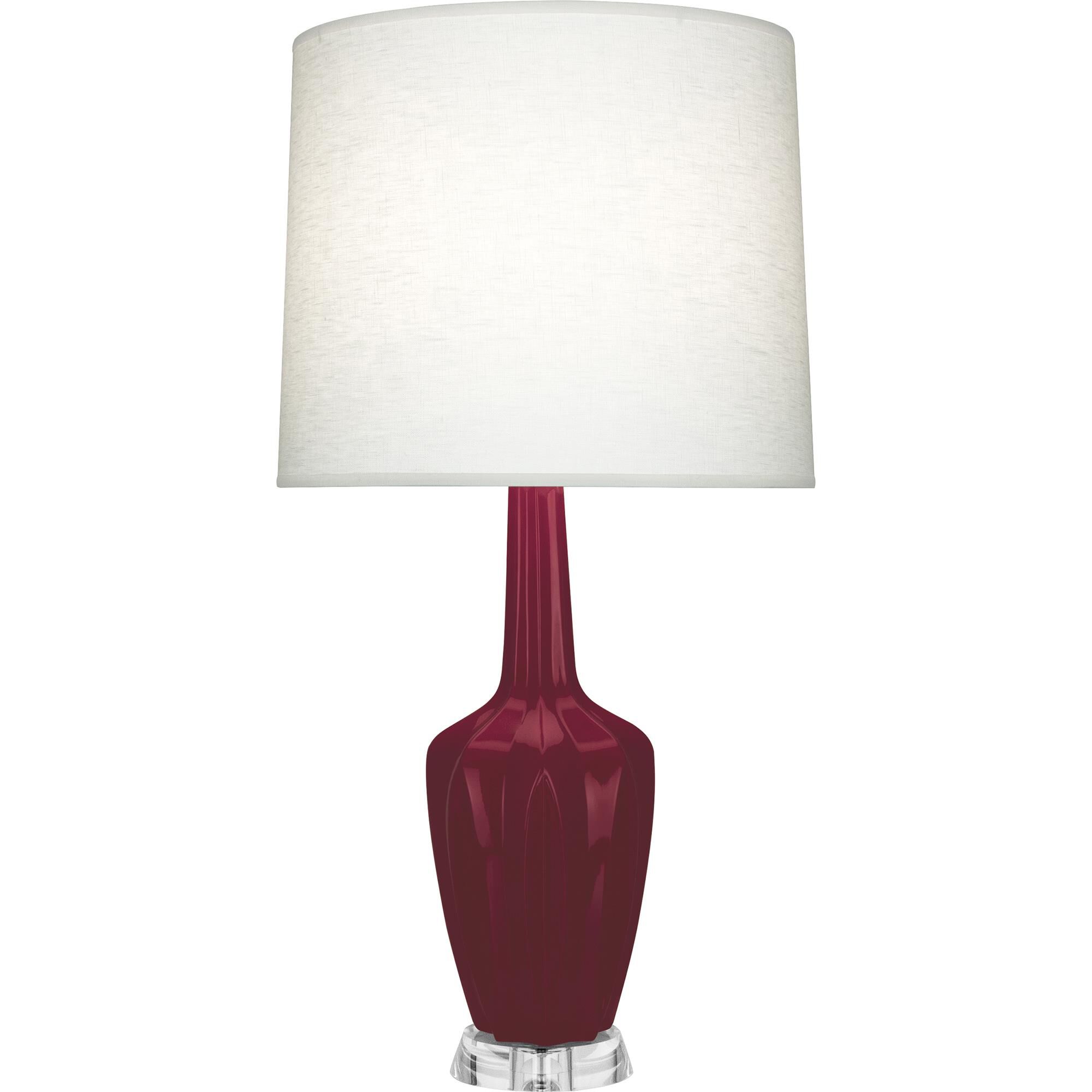 Shown in Sugar Plum Glazed finish and Oyster Linen shade and Lucite accent