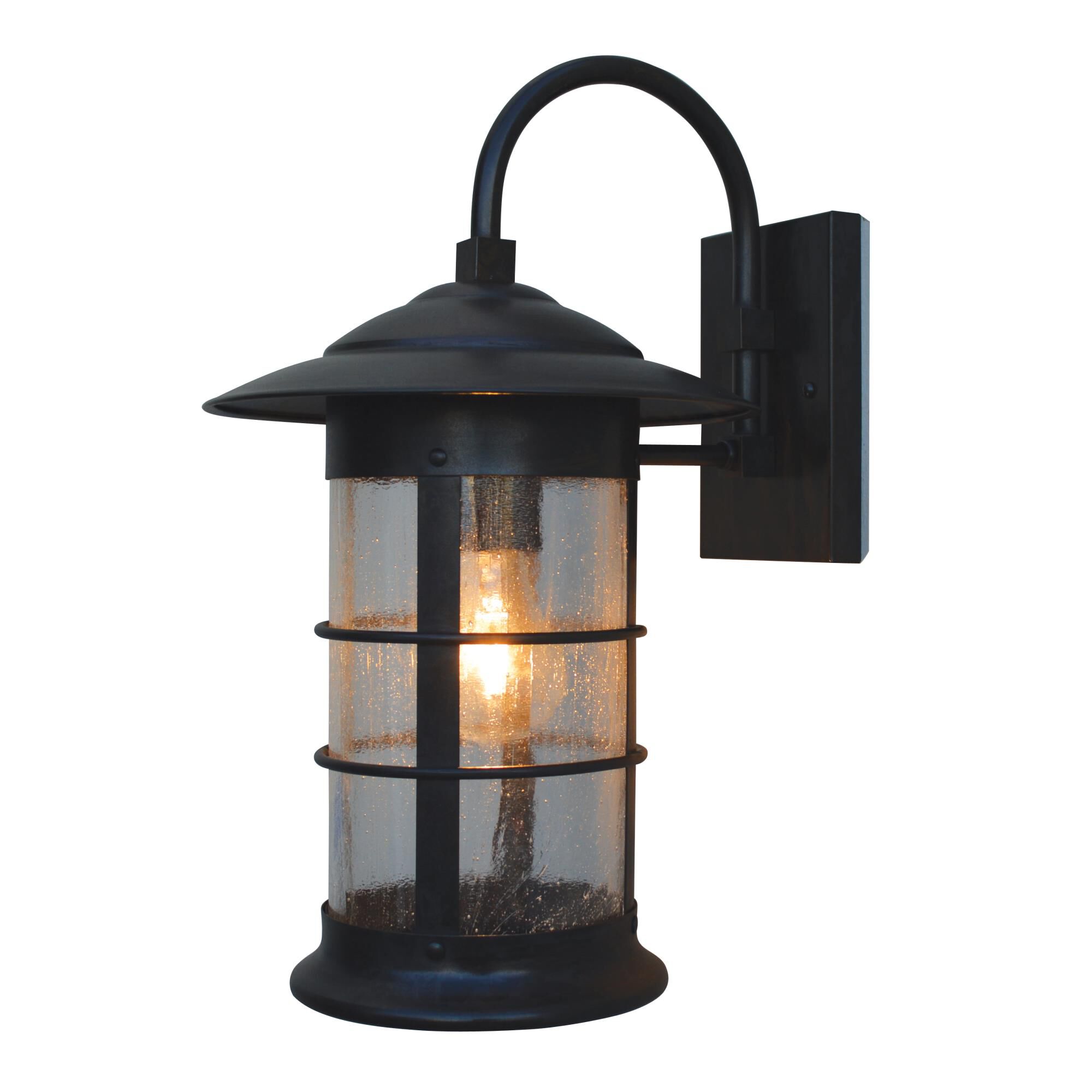 Shown in Bronze finish and Clear Seedy glass