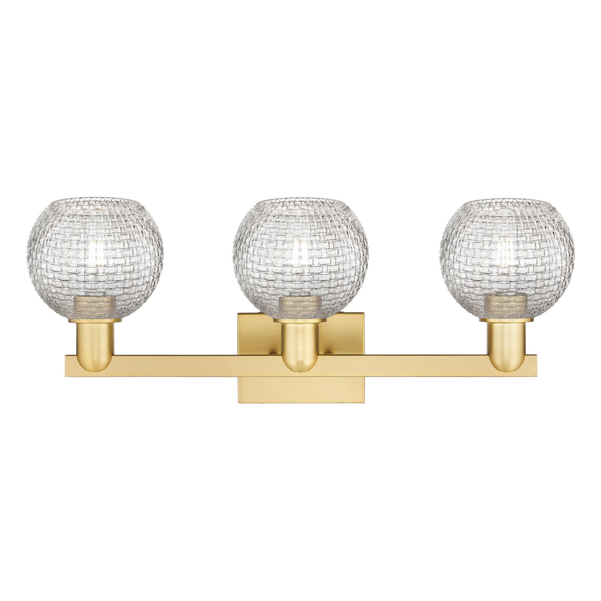 Shown in Satin Gold finish and Clear Basketweave glass