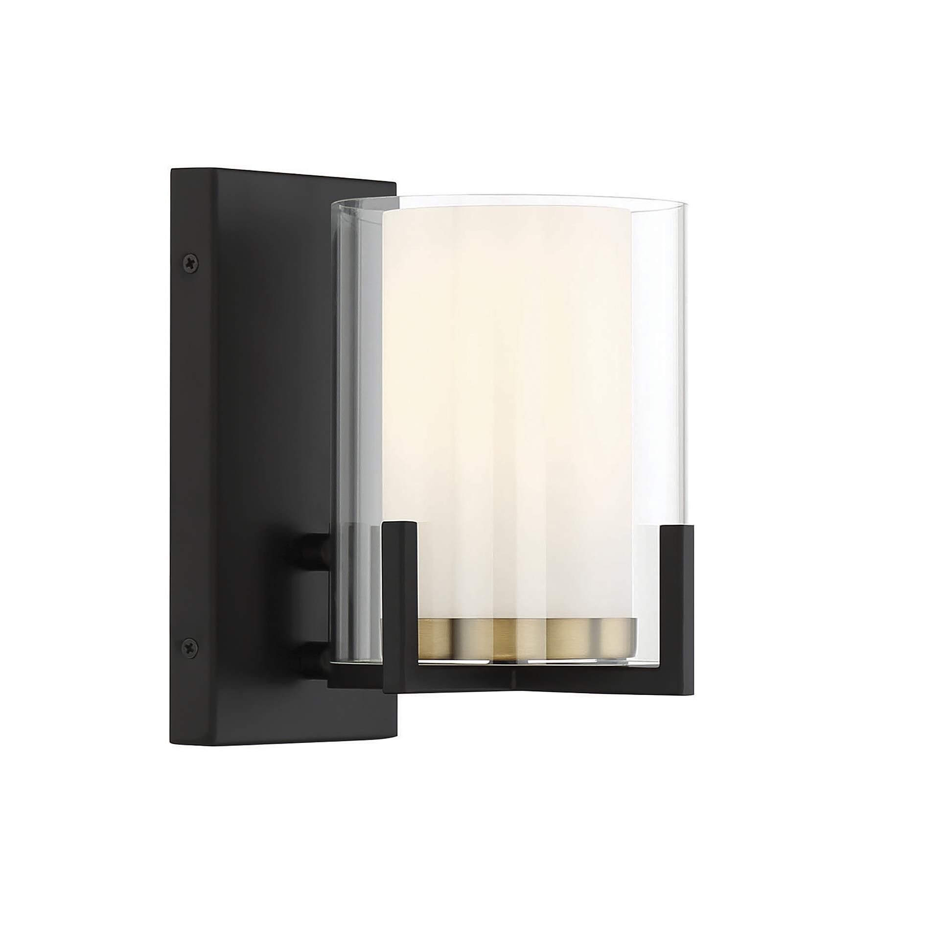 Shown in Matte Black With Warm Brass Accents finish and Clear Outer , White Opal Chimney glass and Glass shade
