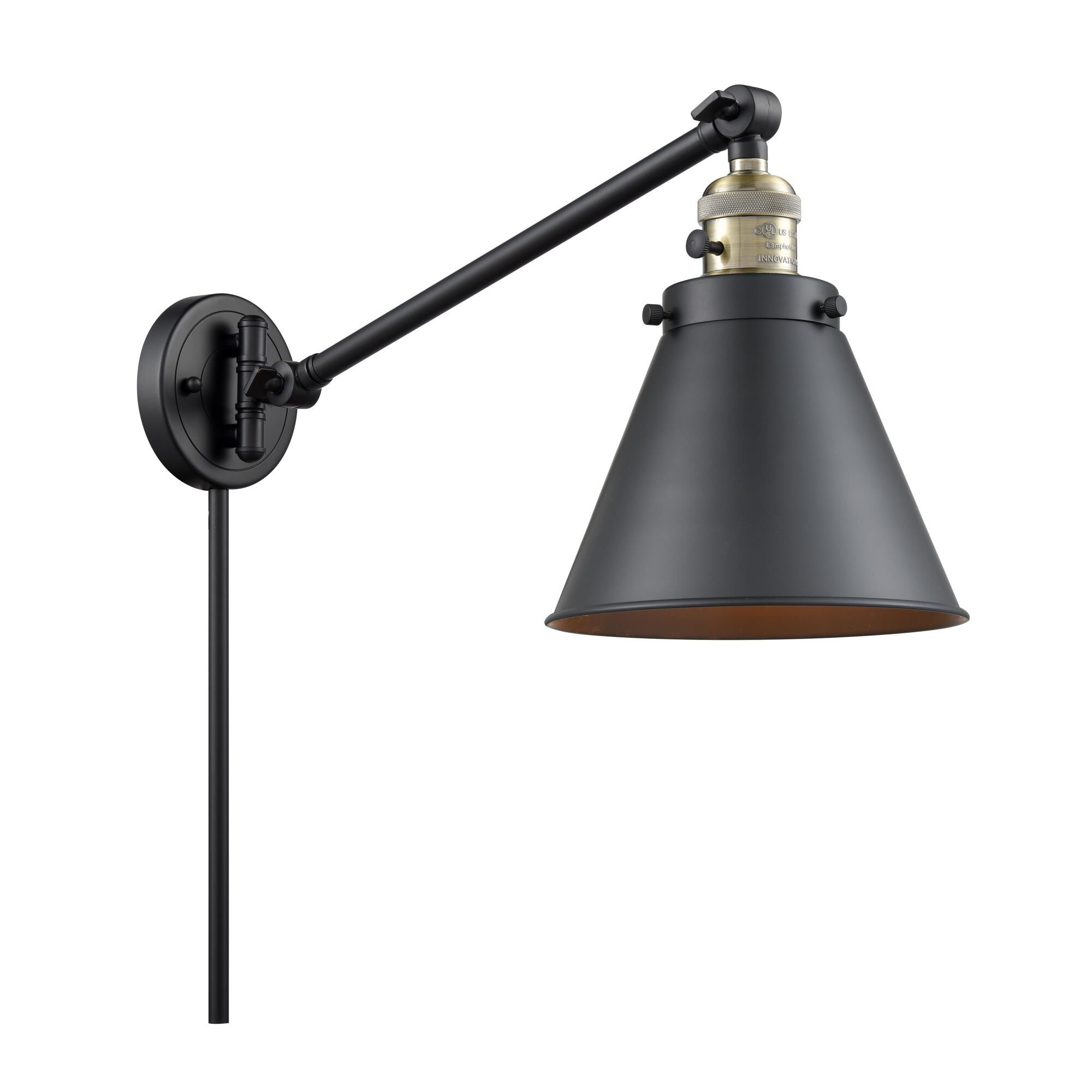 Shown in Black Antique Brass finish and Metal - Matte Black - Cone shade