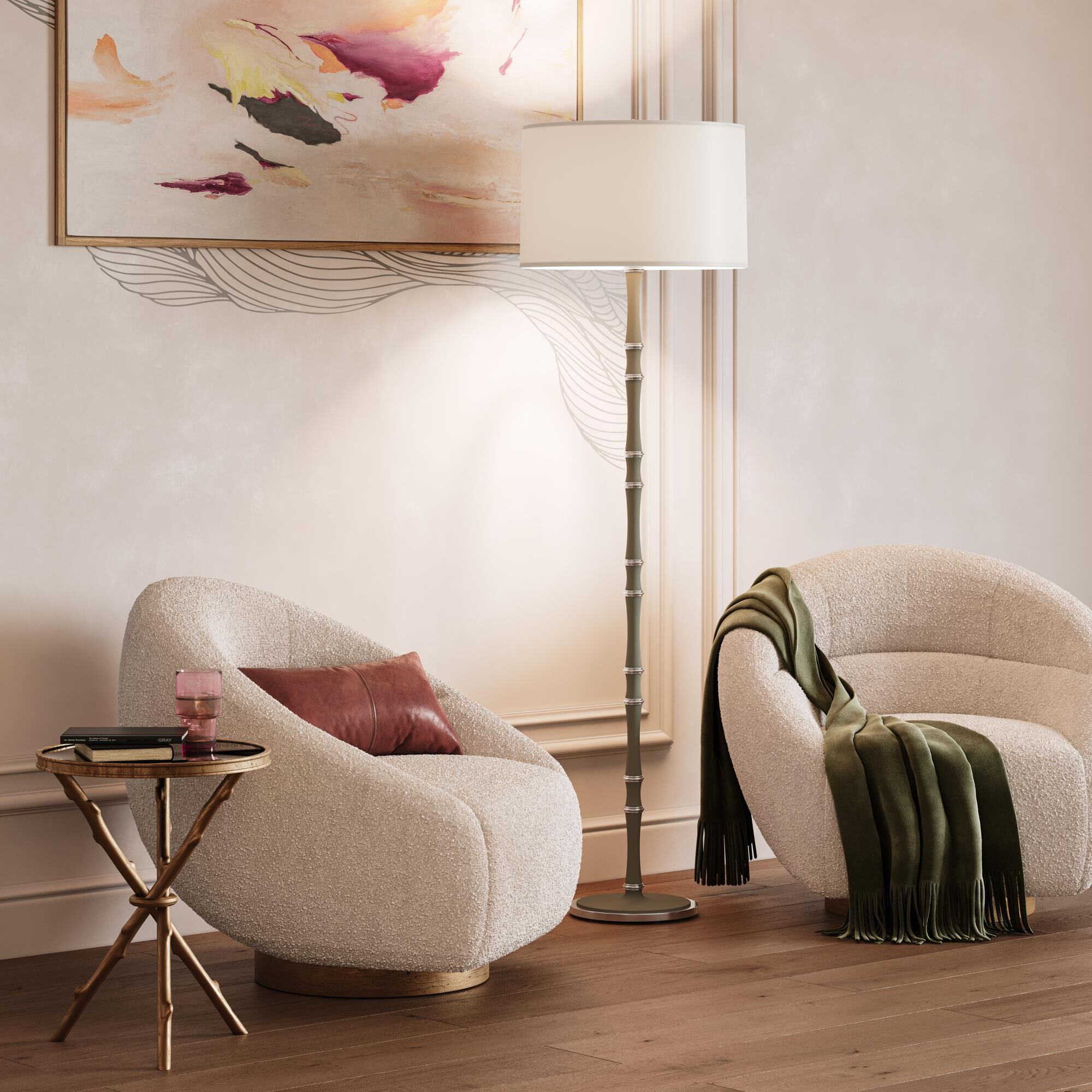 Shown in Matte Smokey finish and Ascot White shade and Polished Nickel  accent