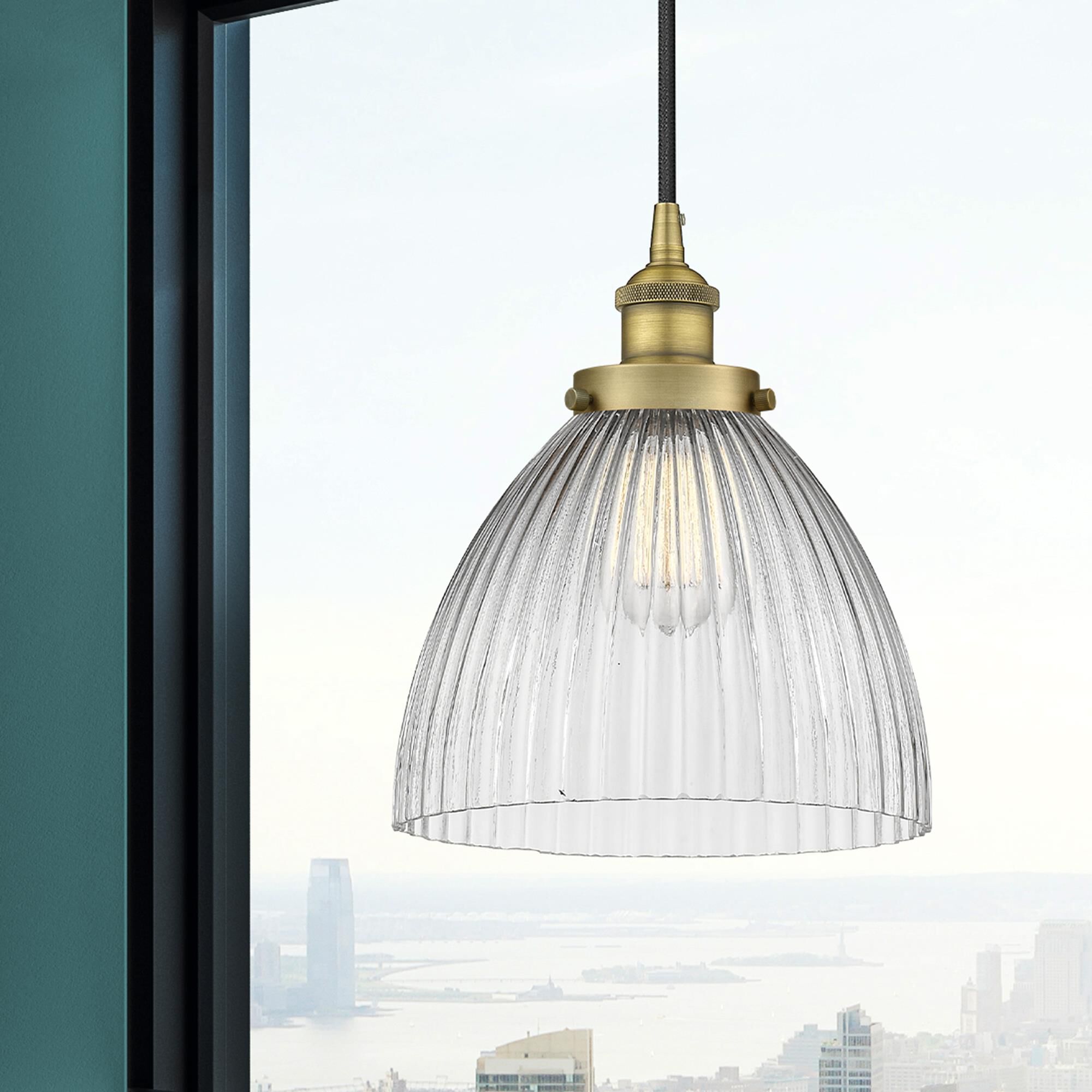 Shown in Brushed Brass finish and Clear Halophane Seneca Falls glass