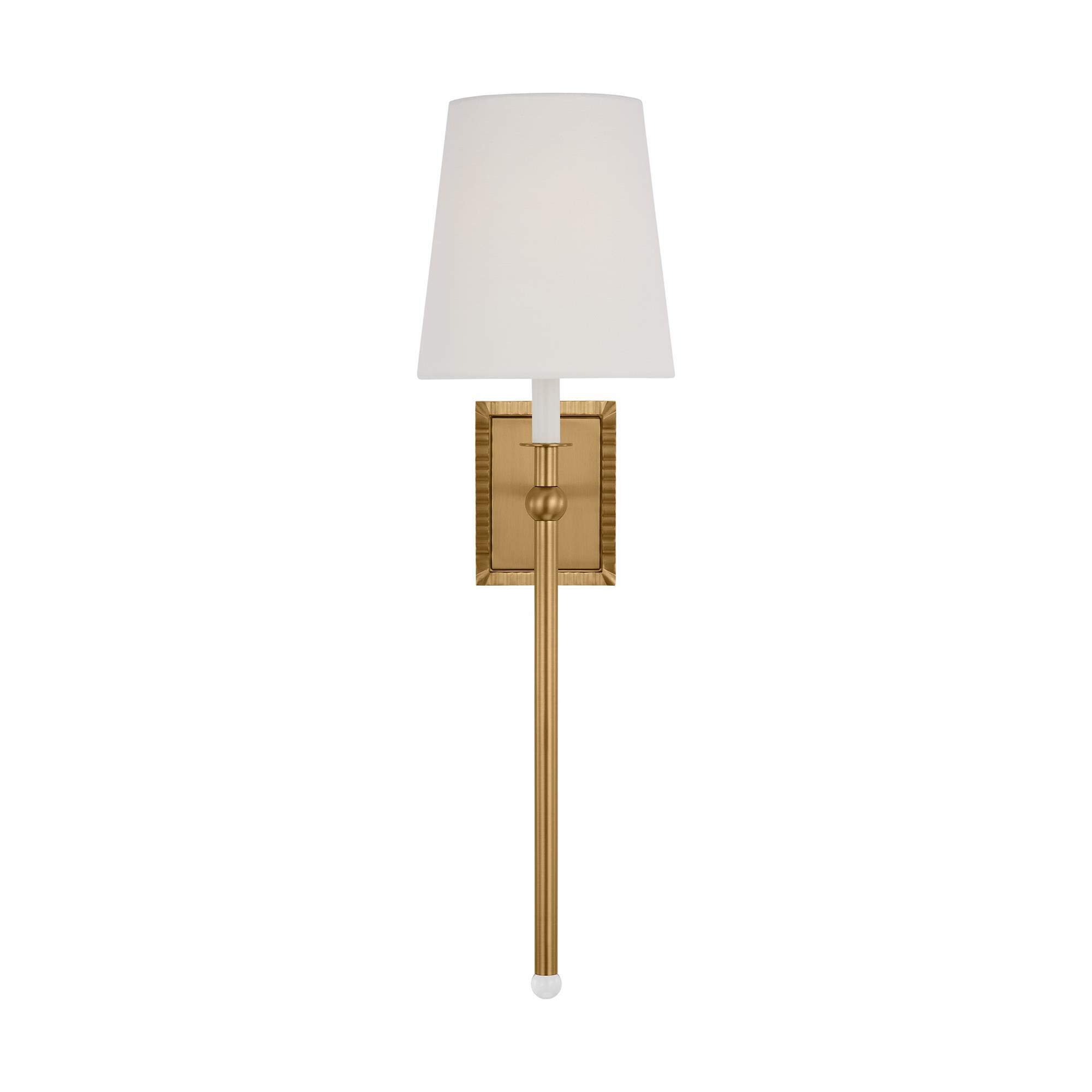 Shown in Burnished Brass finish and White Linen shade