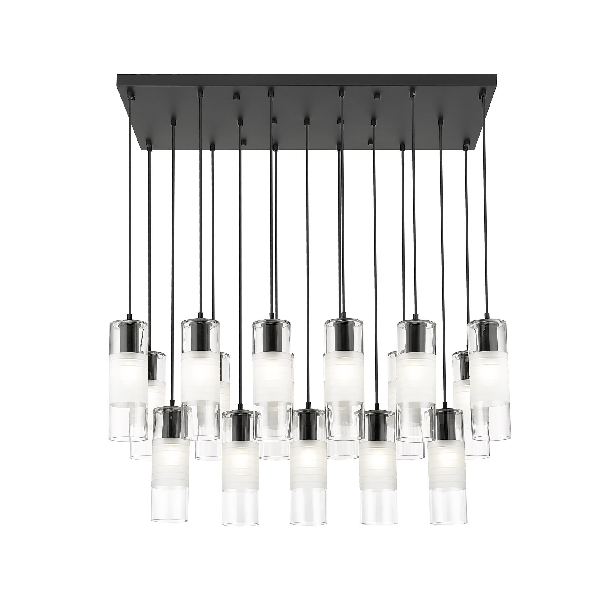 Shown in Matte Black finish and Clear+frosted glass and Clear+frosted shade