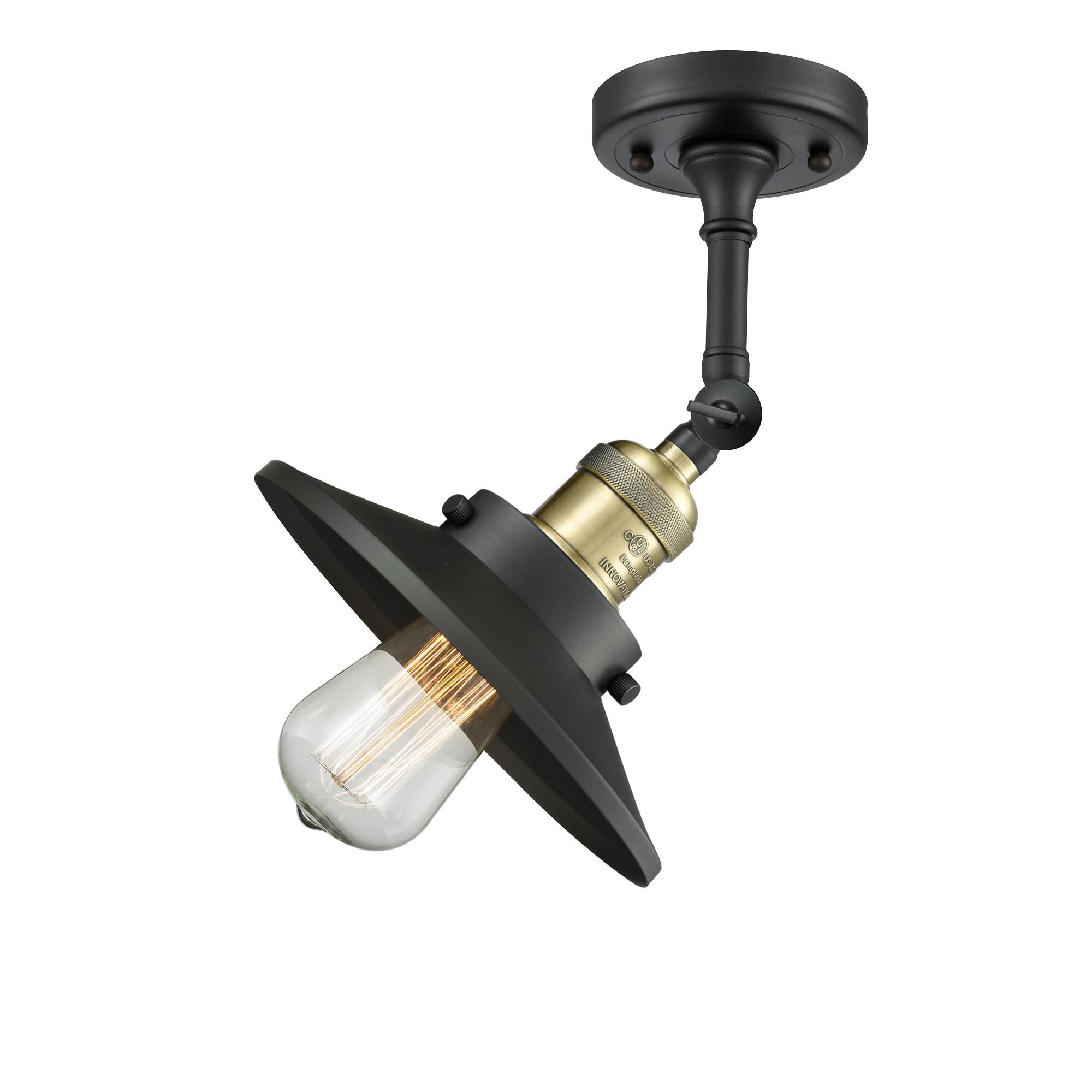 Shown in Black Antique Brass finish and Black Antique Brass glass and Matte Black shade and No Accent accent