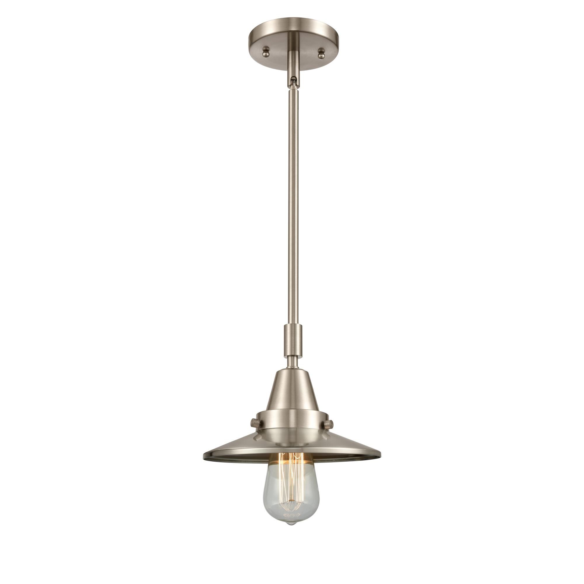 Shown in Brushed Satin Nickel finish and No Glass glass and Brushed Satin Nickel Railroad shade