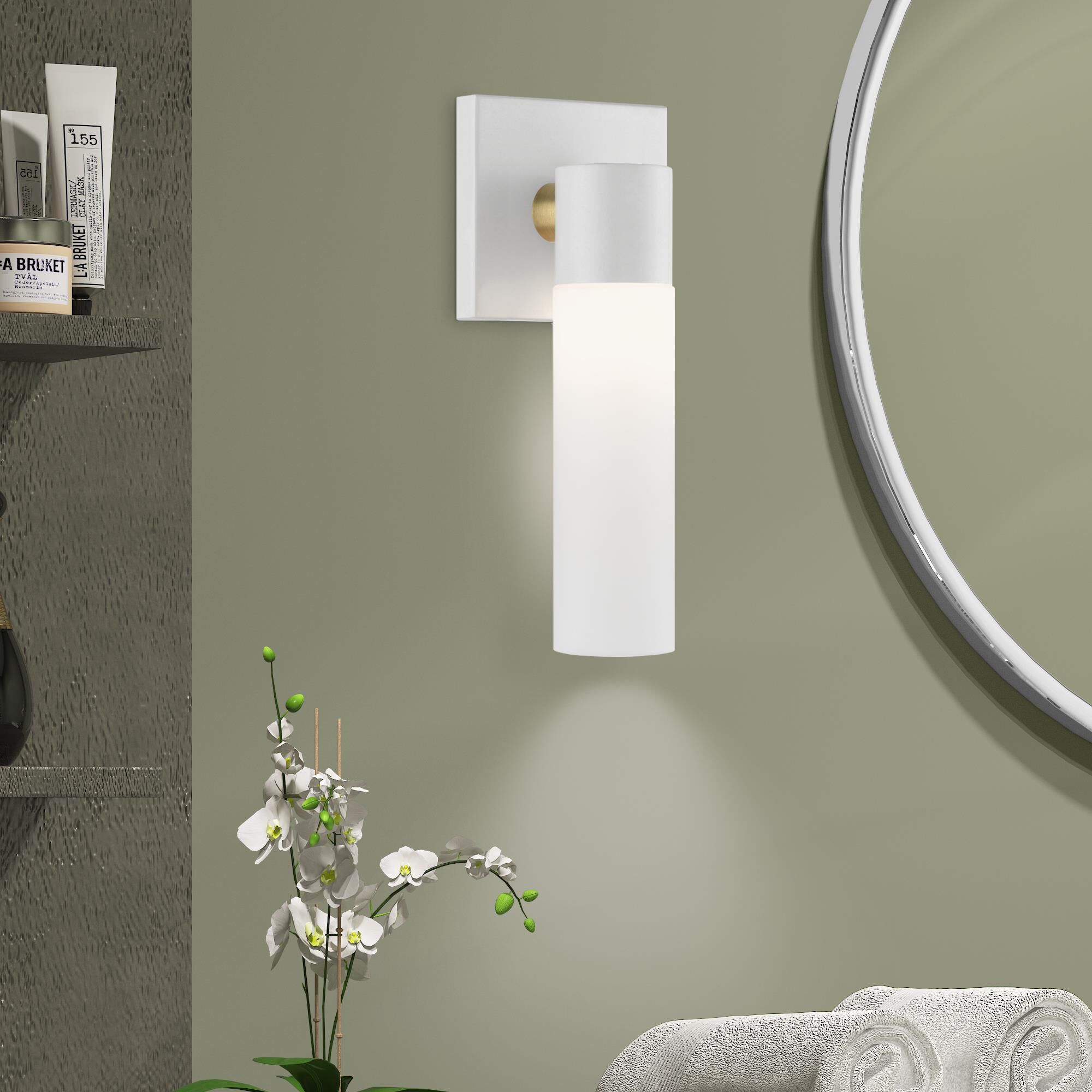 Shown in Textured White With Antique Brass Accent finish and Hand Blown Satin Opal White Twist Lock glass and Hand Blown Satin Opal White Twist Lock Glass shade