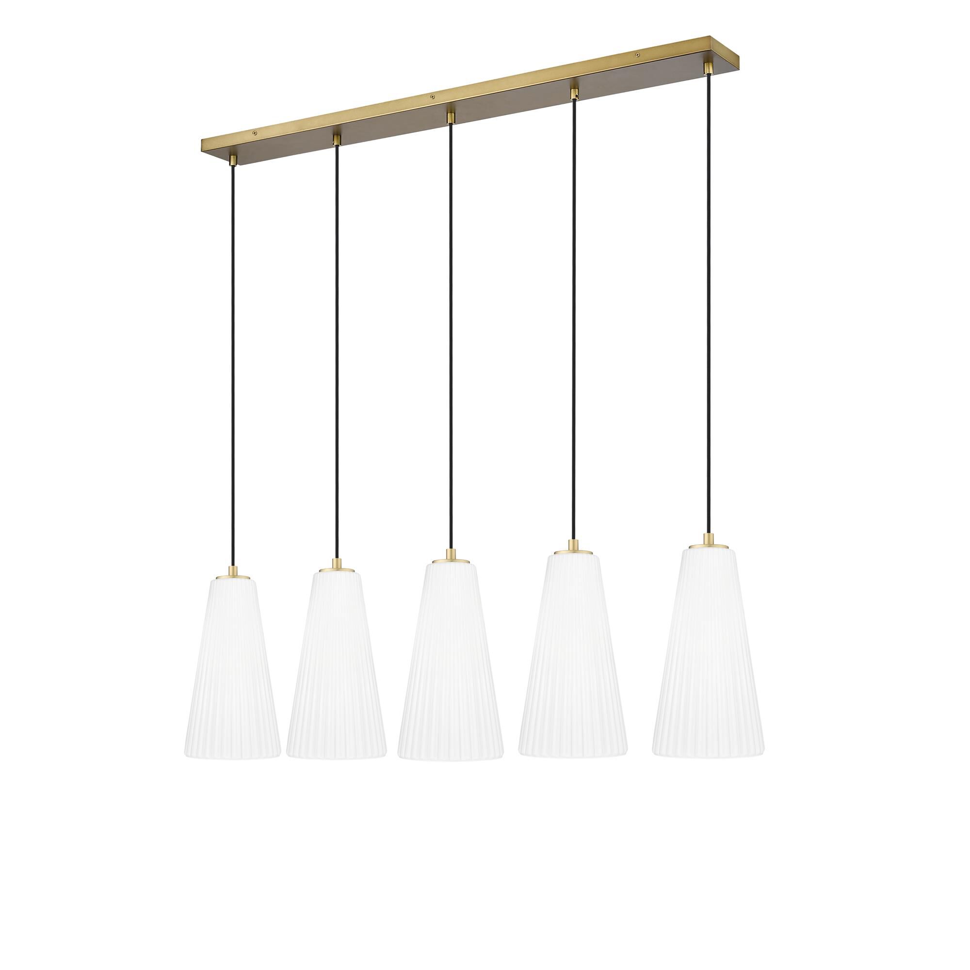 Shown in Modern Gold finish and White glass and White shade