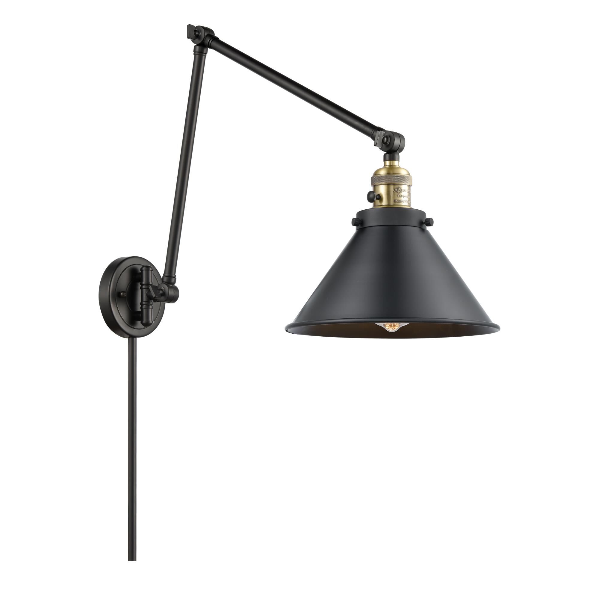 Shown in Black Antique Brass finish and None glass and Matte Black Briarcliff shade