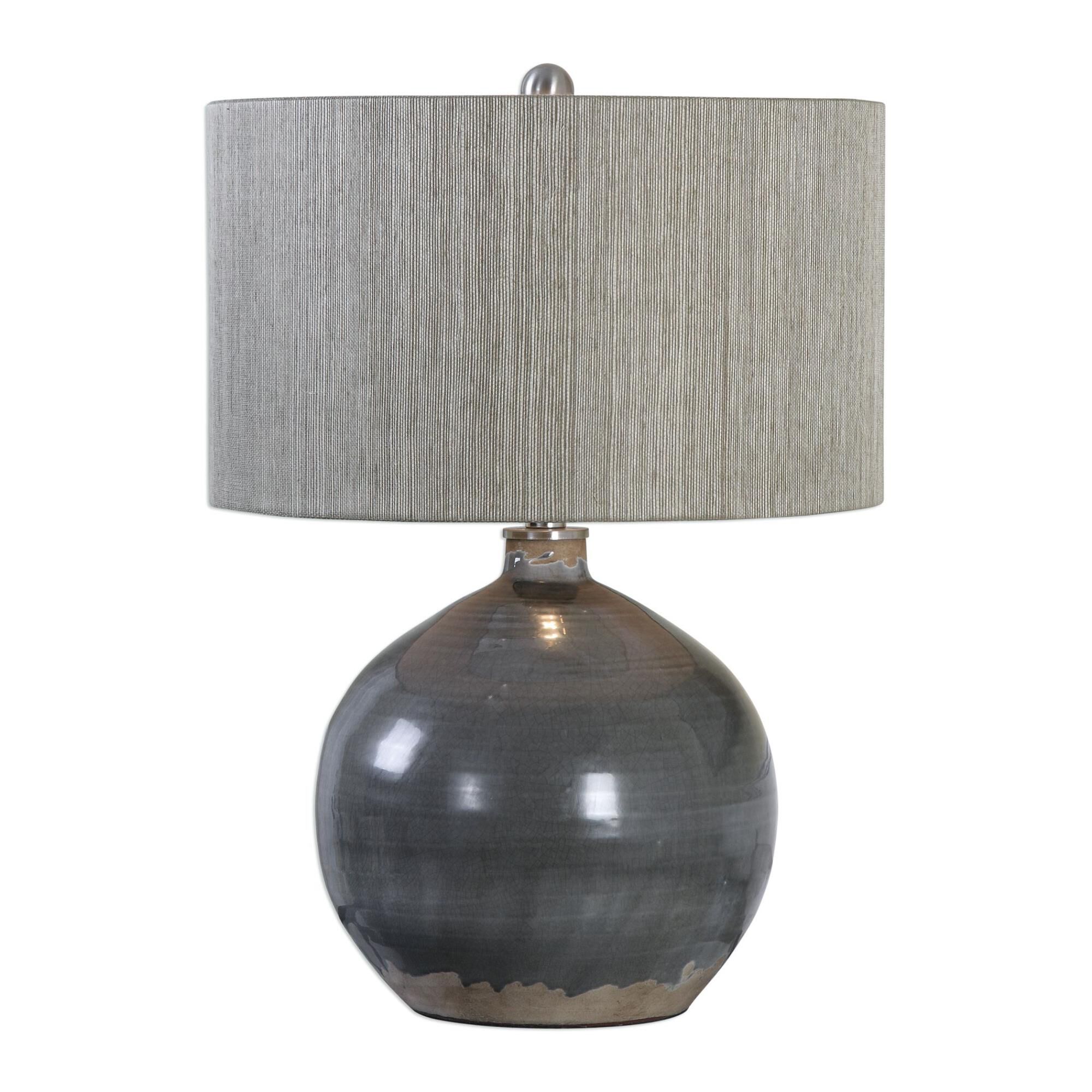Shown in Crackled Charcoal Gray Ceramic Glaze-Rust Brown-Plated Brushed Nickel finish and Textured Woven Rattan shade