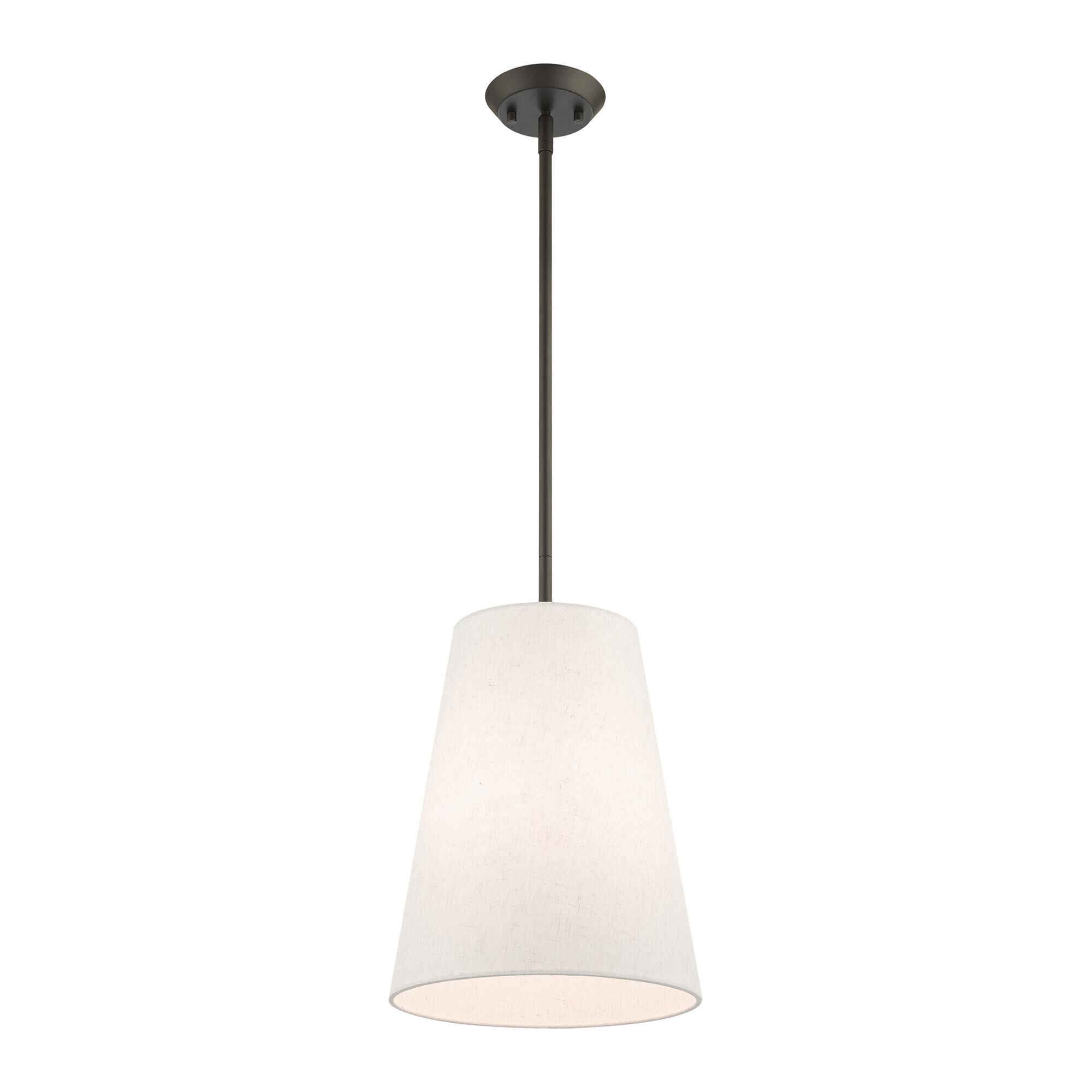 Shown in Bronze finish and Hand Crafted Oatmeal Fabric Hardback Shade glass and Hand Crafted Oatmeal Fabric Hardback shade