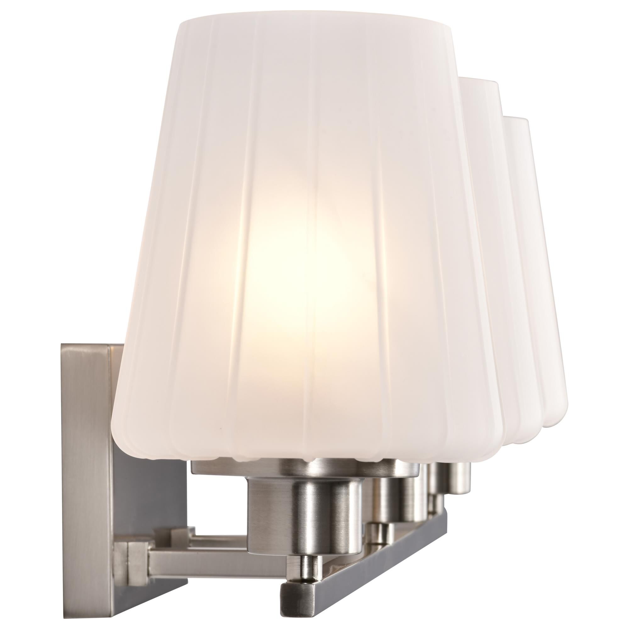 Shown in Brushed Nickel finish and Etched White glass