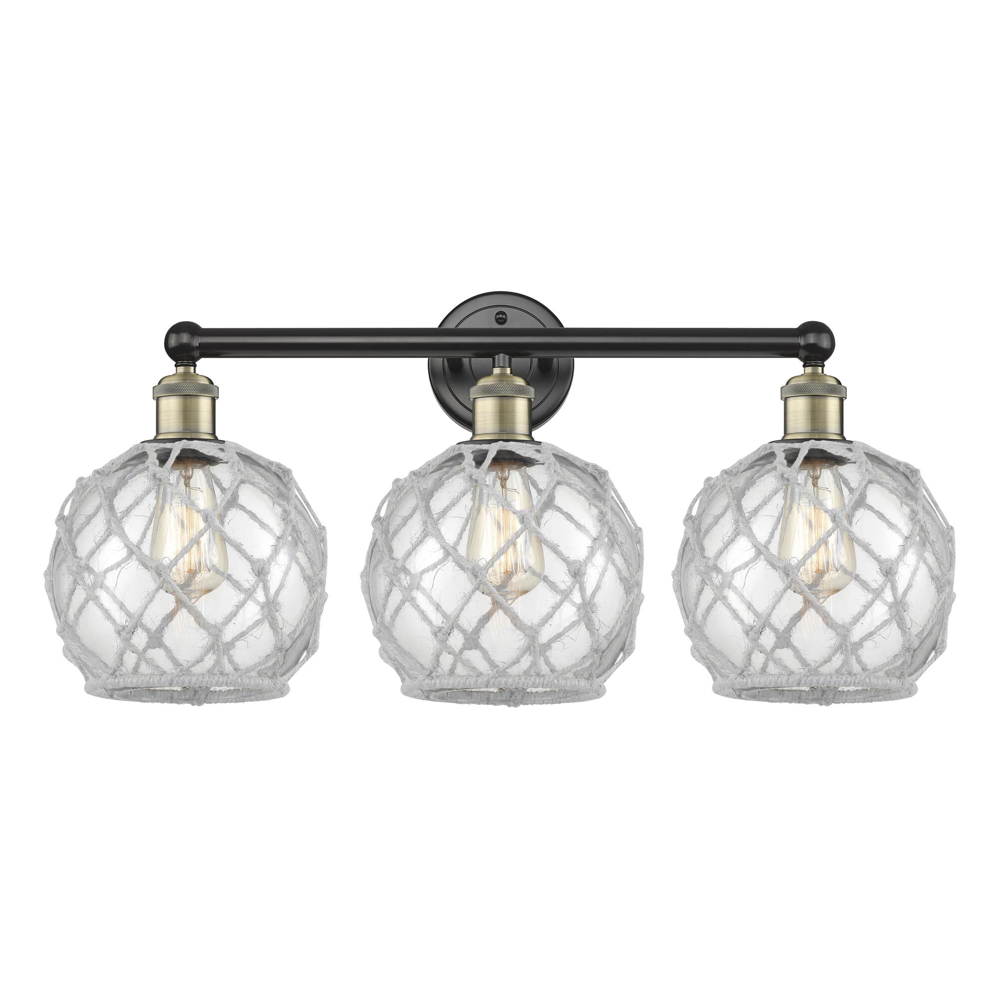Shown in Black Antique Brass finish and Clear with White Rope glass