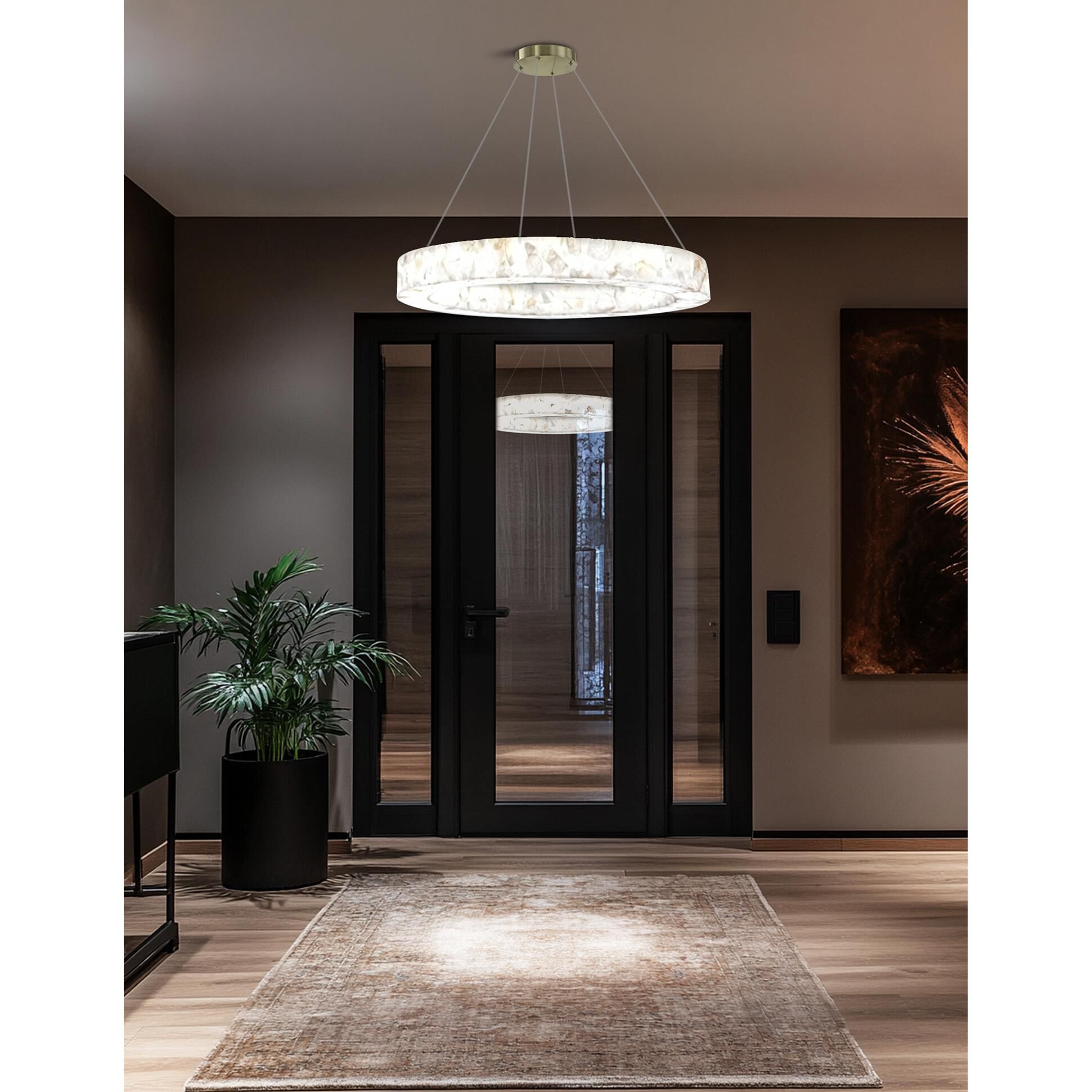 Shown in Brushed Brass finish and Alabaster Rocks shade