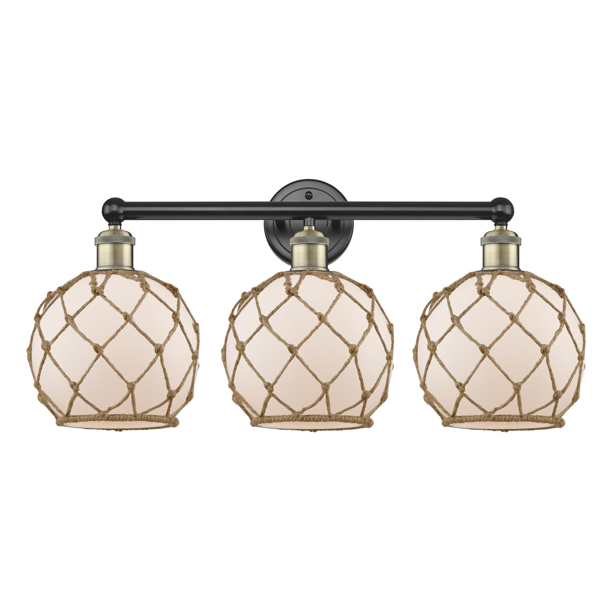 Shown in Black Antique Brass finish and White with Brown Rope glass