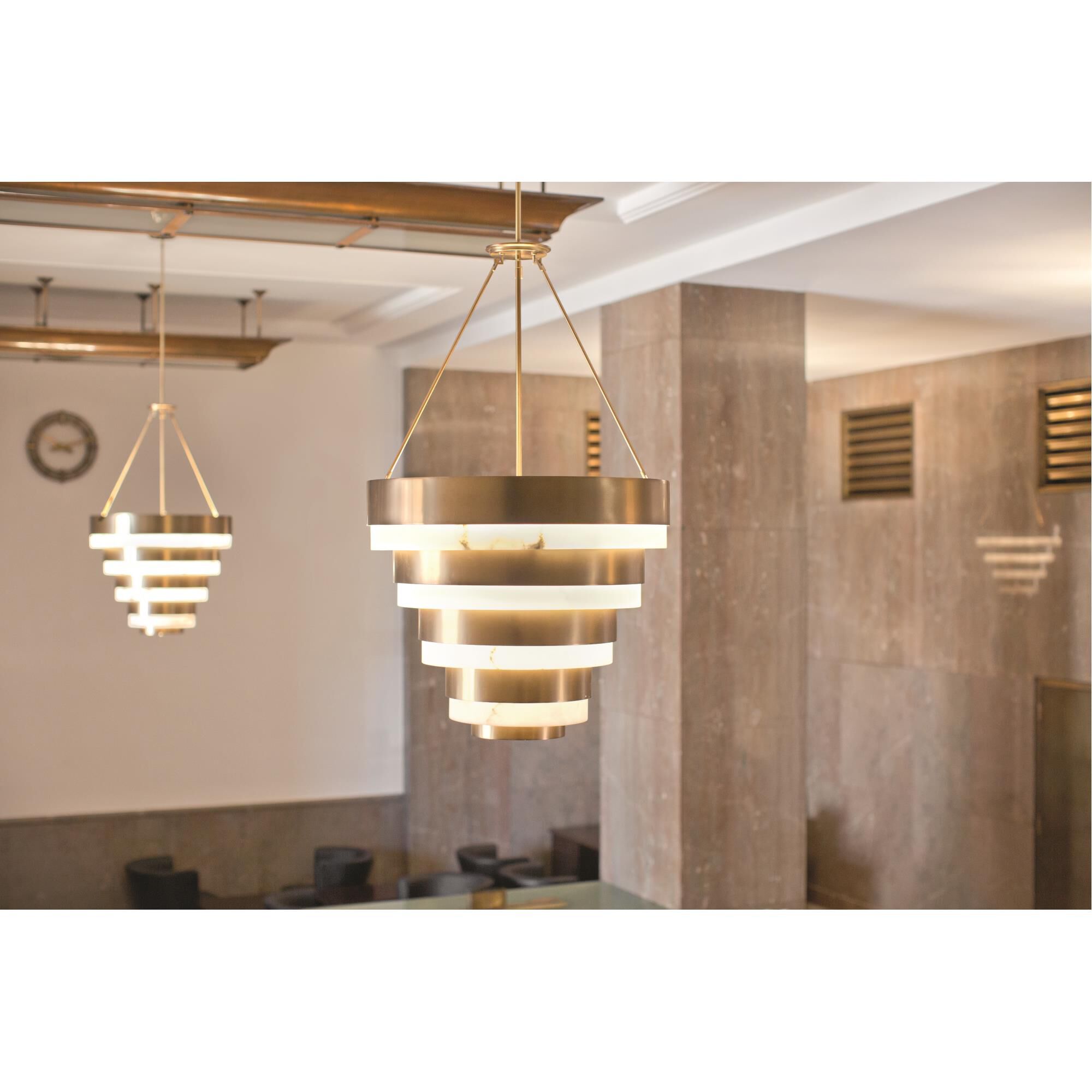 Shown in Heritage Brass finish and Faux Alabaster glass