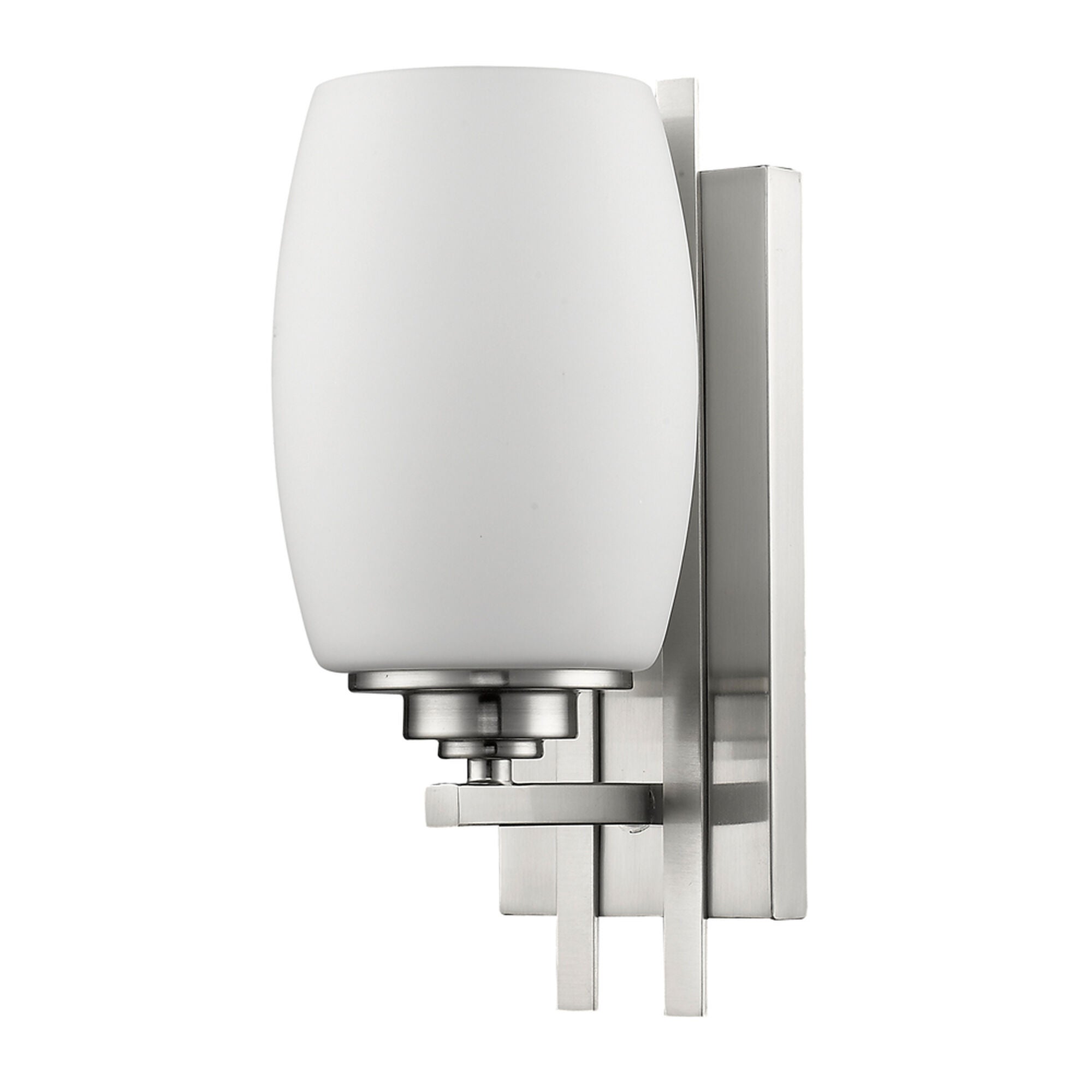 Shown in Satin Nickel finish and White glass and White Frosted Cylindrical Glass s shade