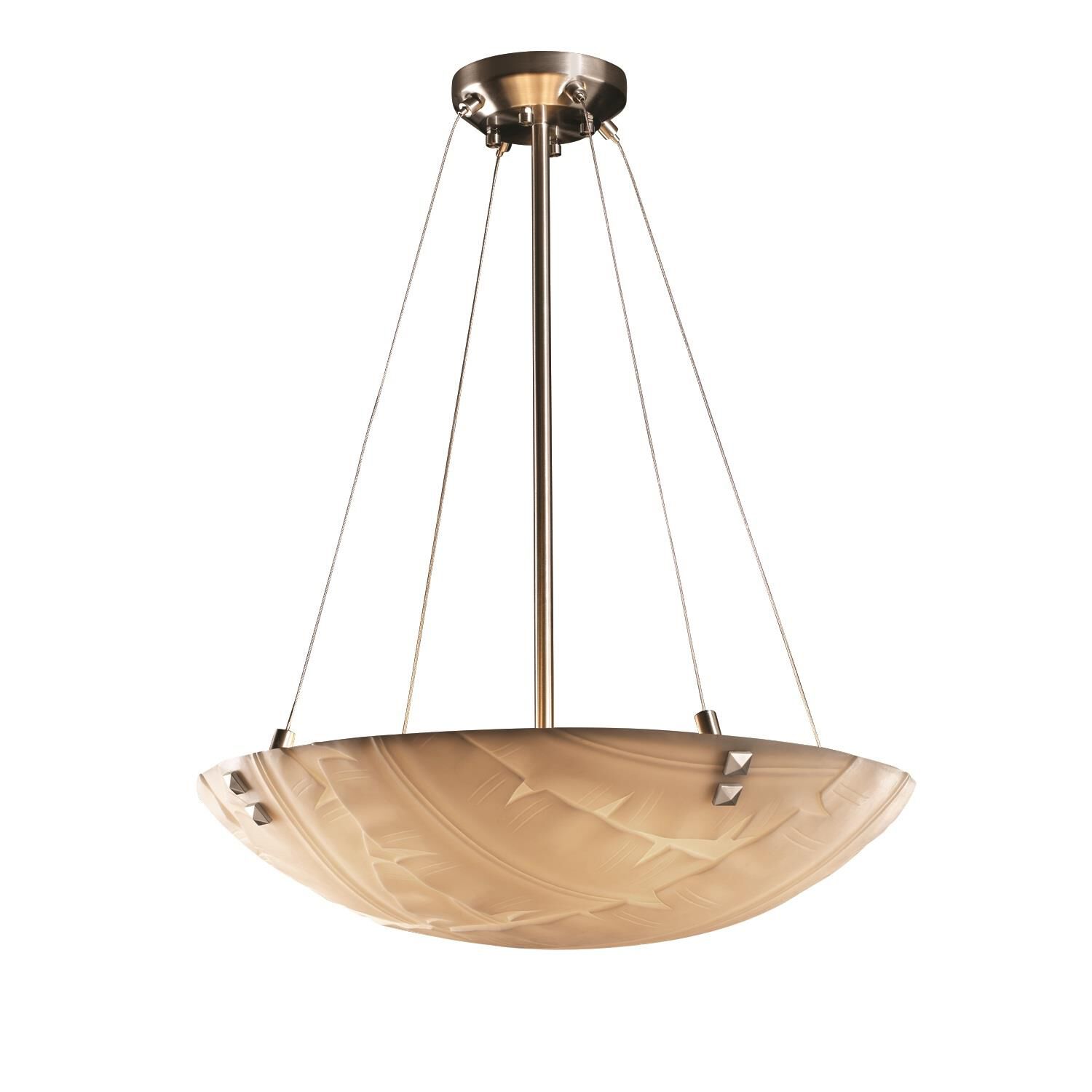 Shown in Brushed Nickel finish and Faux Porcelain Resin glass and Banana Leaf - Round Bowl shade and Pair Square with Points Finials accent