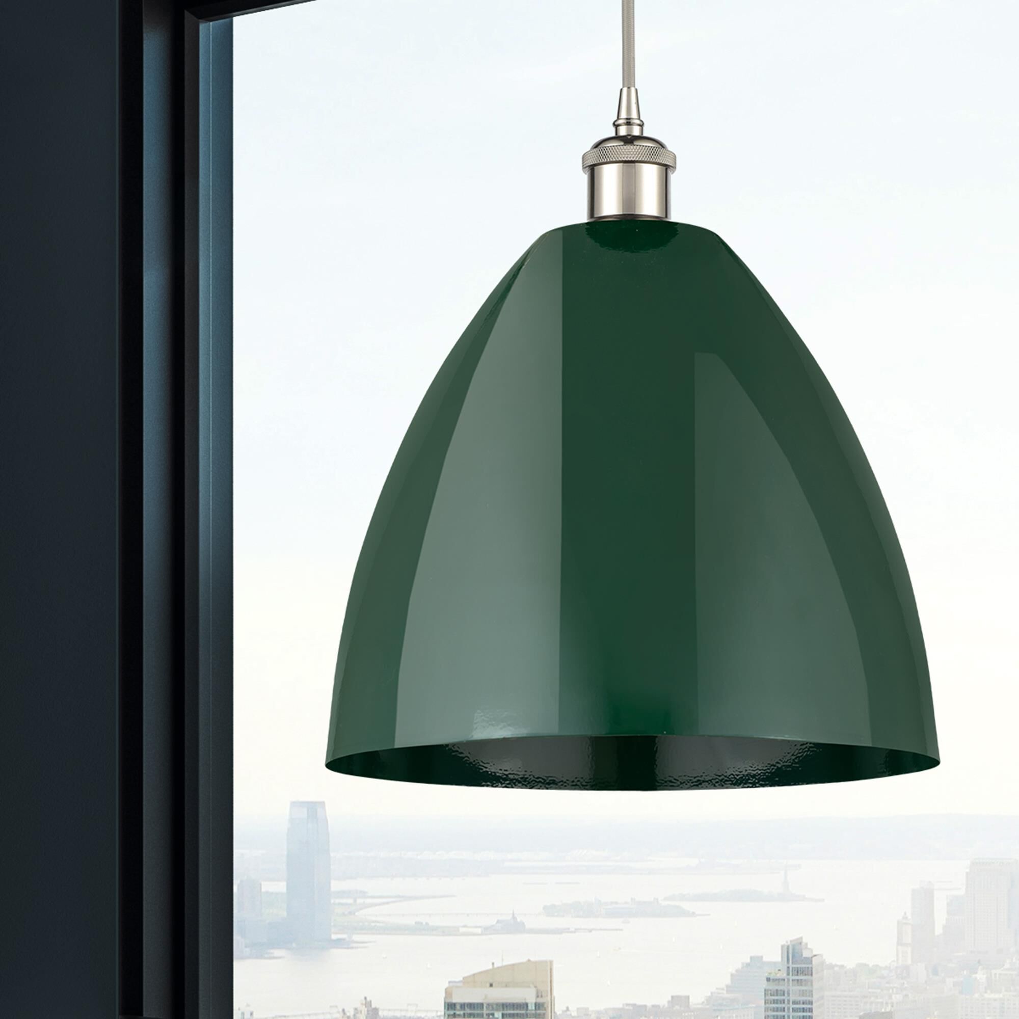 Shown in Polished Nickel finish and Green Plymouth Dome shade