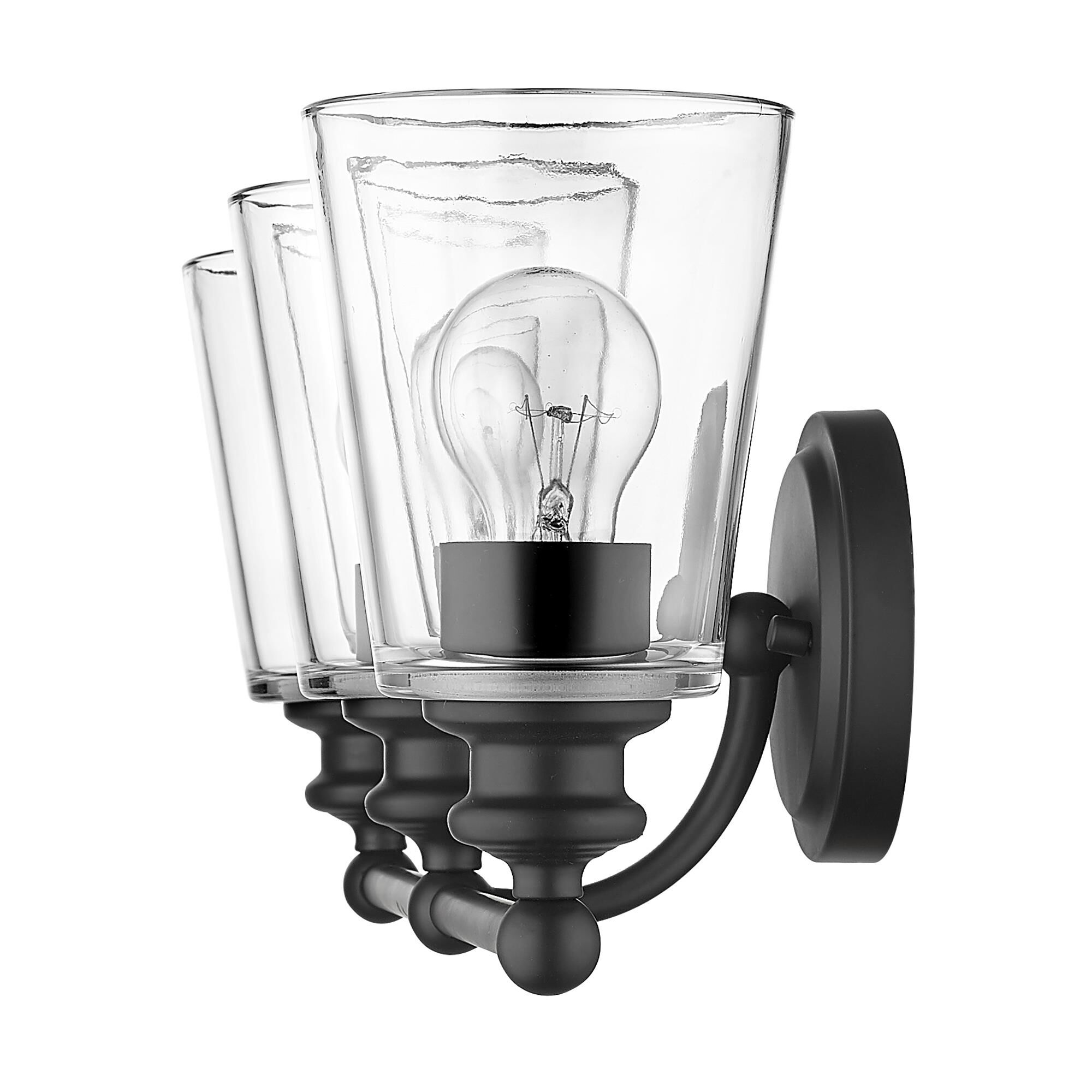 Shown in Matte Black finish and Clear glass and Clear, Cone Shaped Glass shade