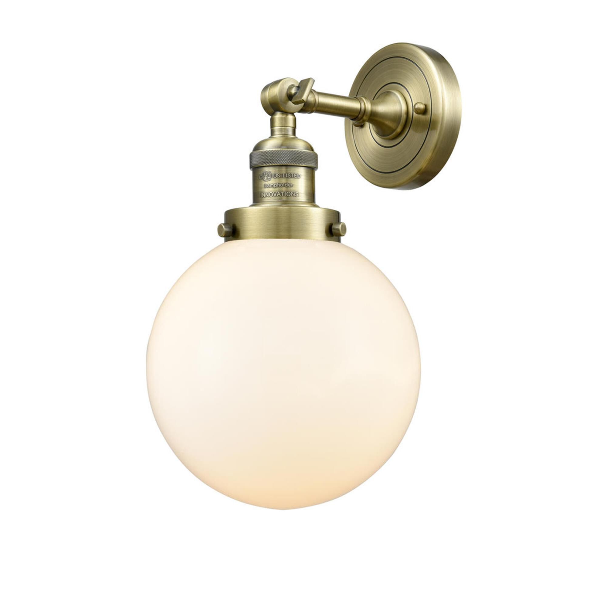 Shown in Antique Brass finish and Matte White Cased glass and No Accent accent