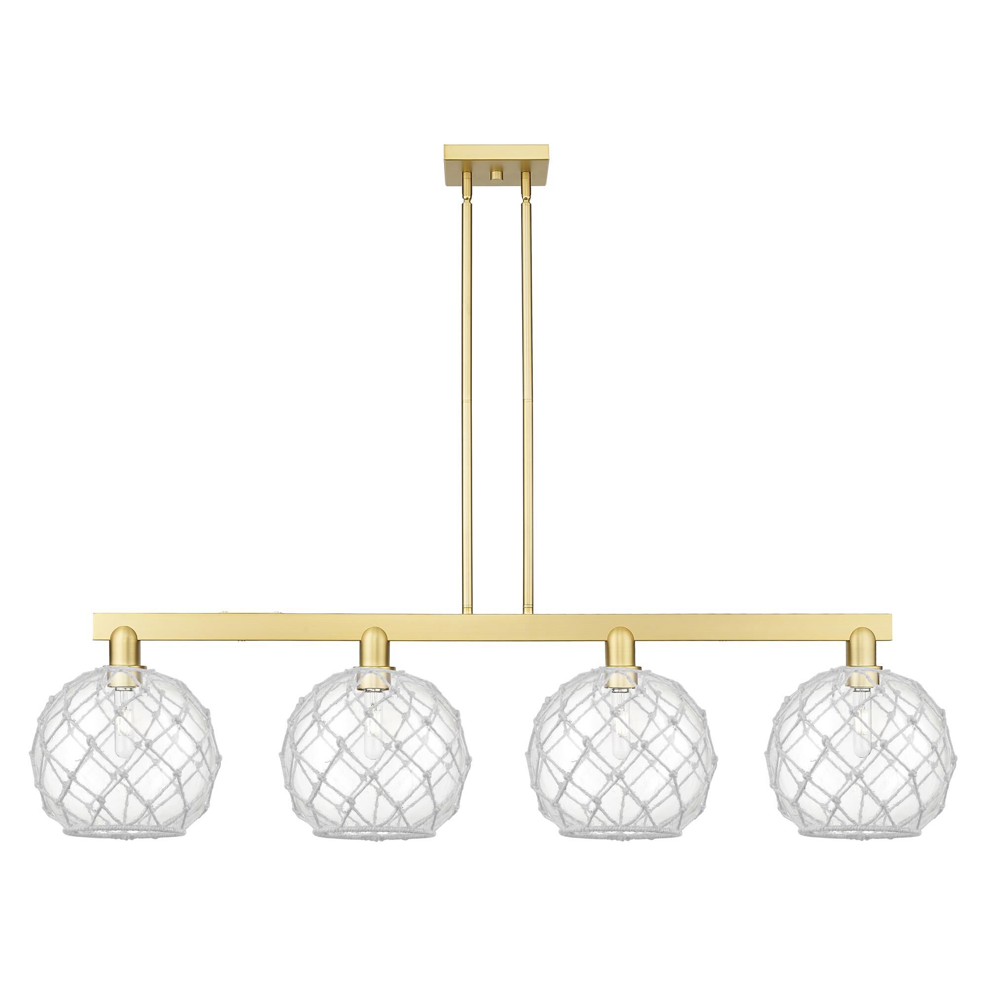 Shown in Satin Gold finish and Clear with White Rope glass