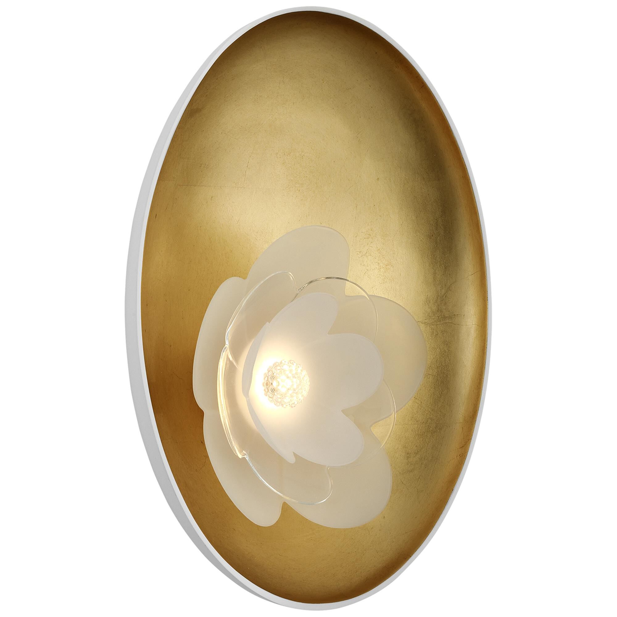Shown in Matte White and Gild finish and Etched and Clear Flower glass