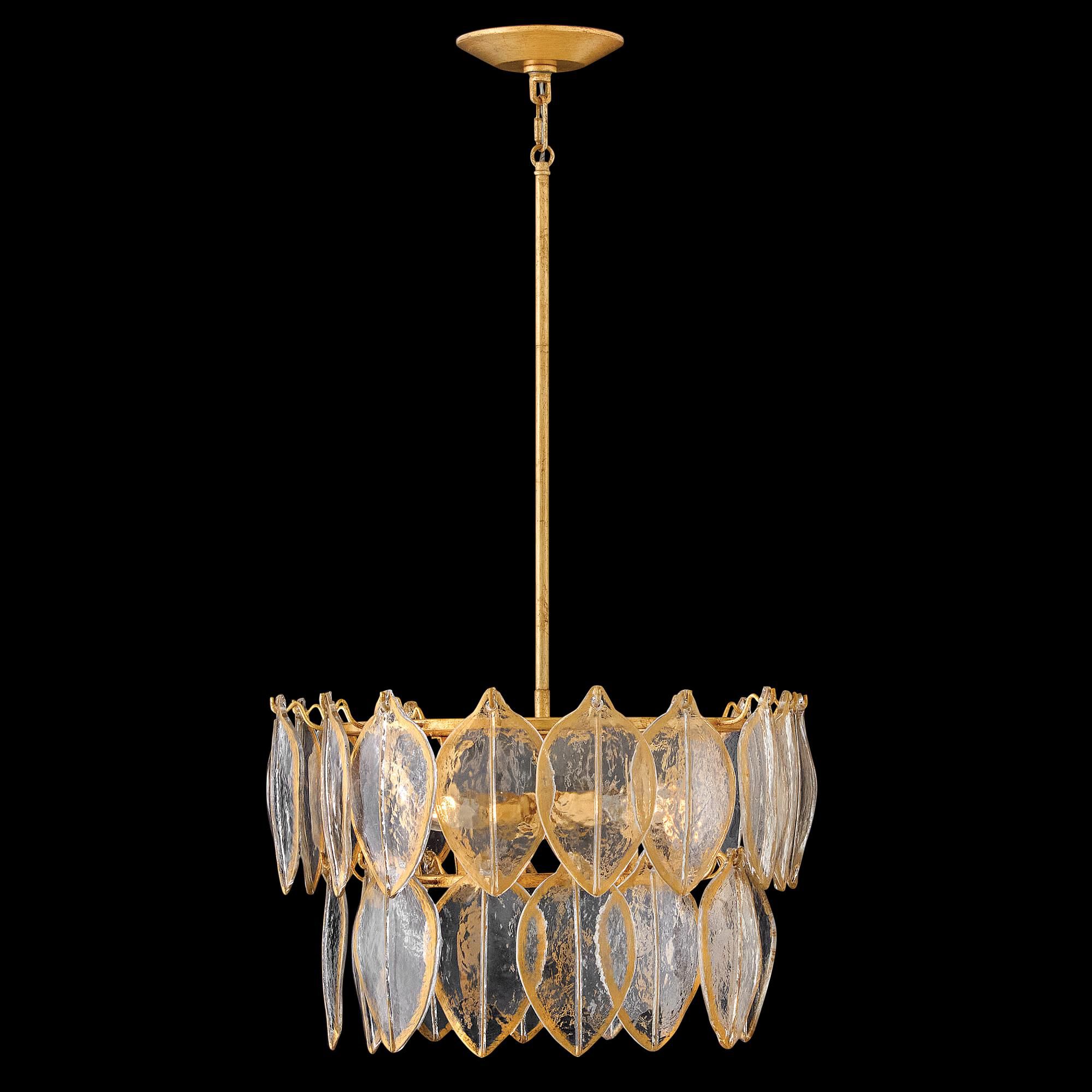 Shown in Distressed Brass finish and Clear Pressed glass