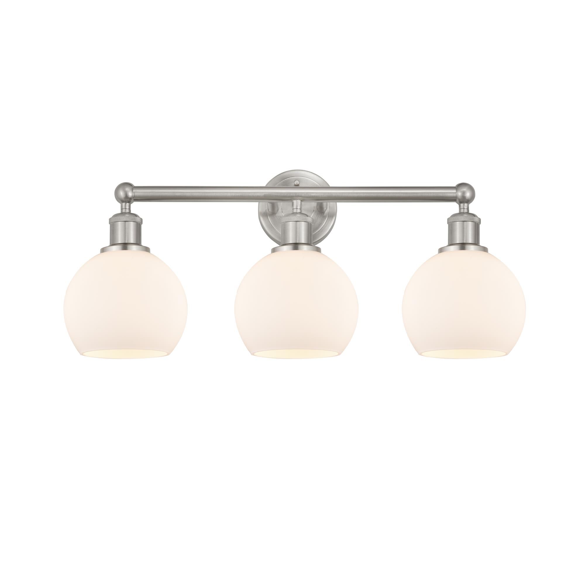 Shown in Brushed Satin Nickel, Matte White finish and Matte White glass and Matte White Glass shade
