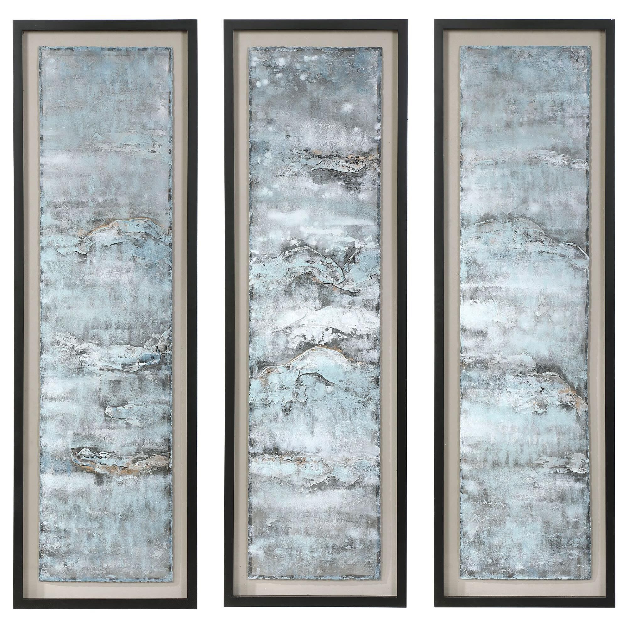 Shown in Black Shadowbox Style Frame, Beige Linen Background, Shoreline, Gold Leaf, Aqua, Silver Leaf, Gray,  finish