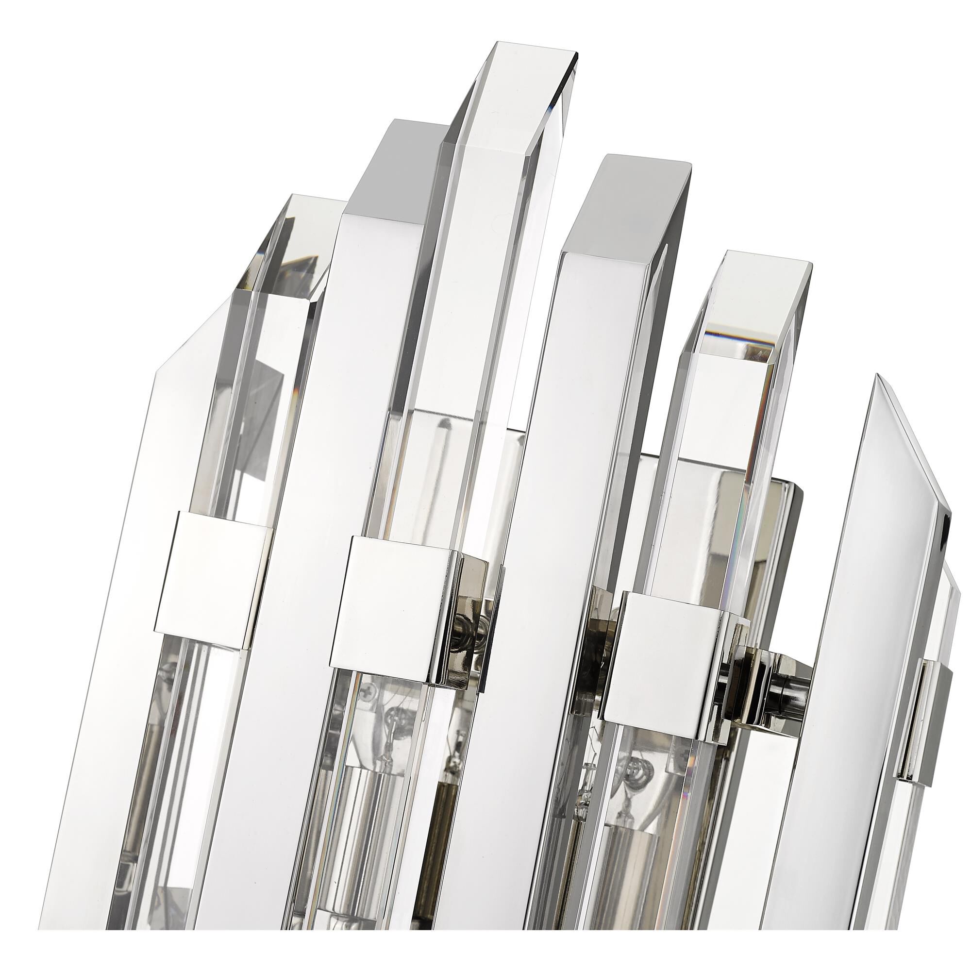 Shown in Polished Nickel finish and Crystal glass and Crystal shade