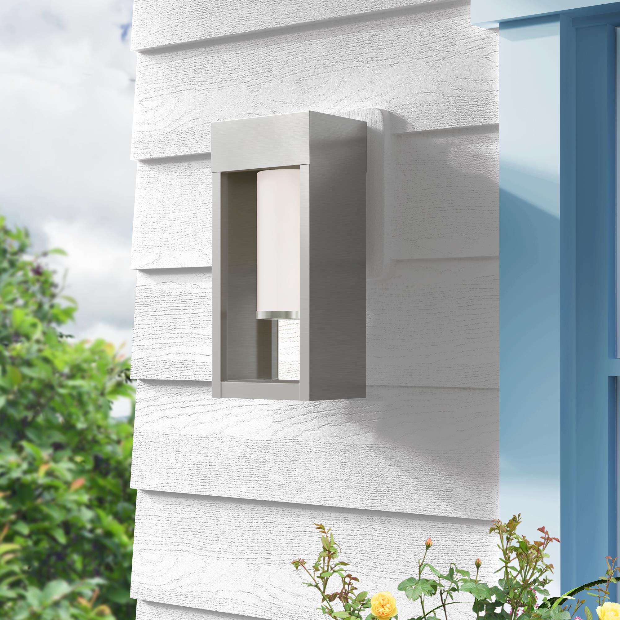 Shown in Brushed Nickel finish and Hand Blown Satin Opal White Cylinder glass